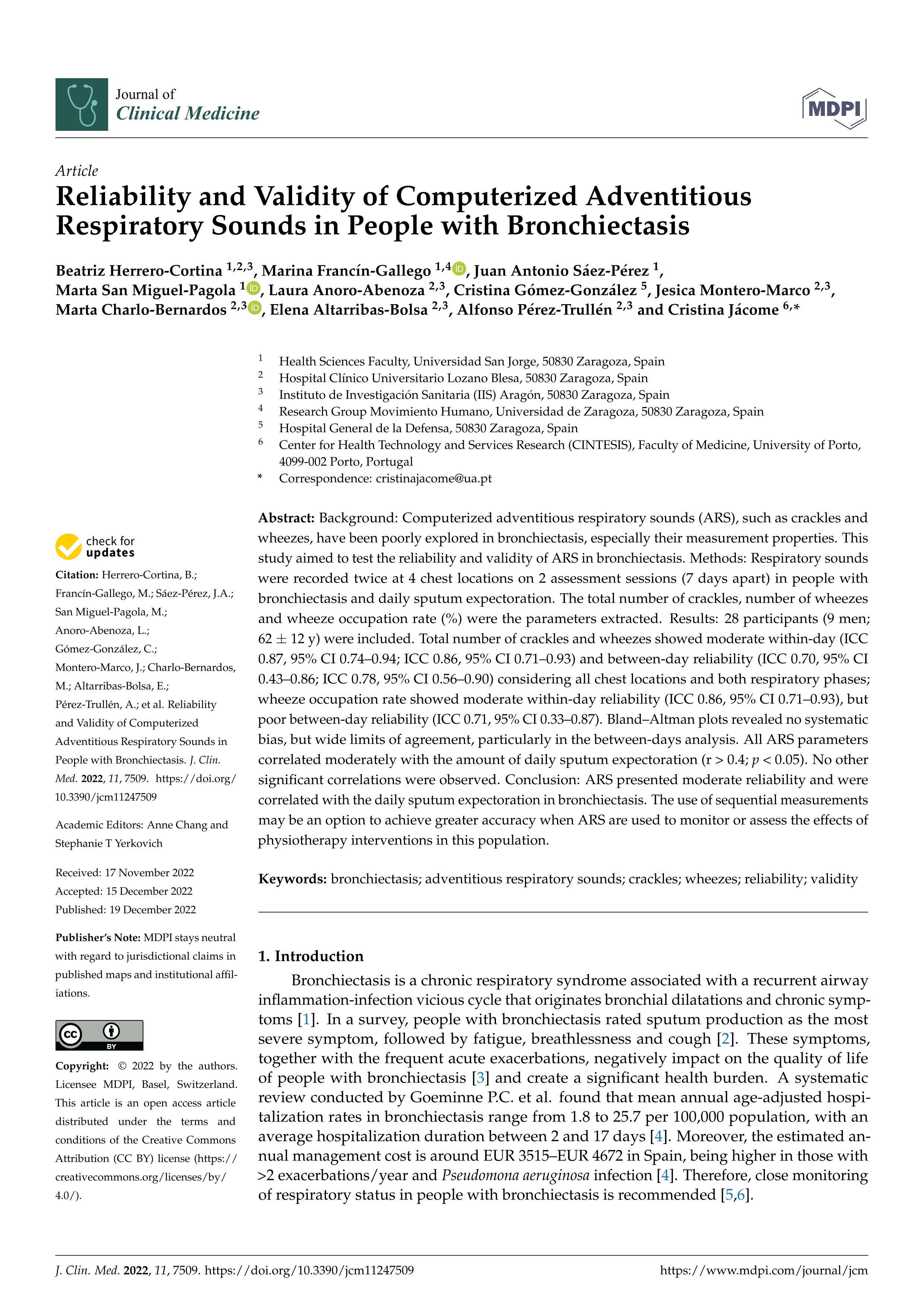 Reliability and Validity of Computerized Adventitious Respiratory Sounds in People with Bronchiectasis