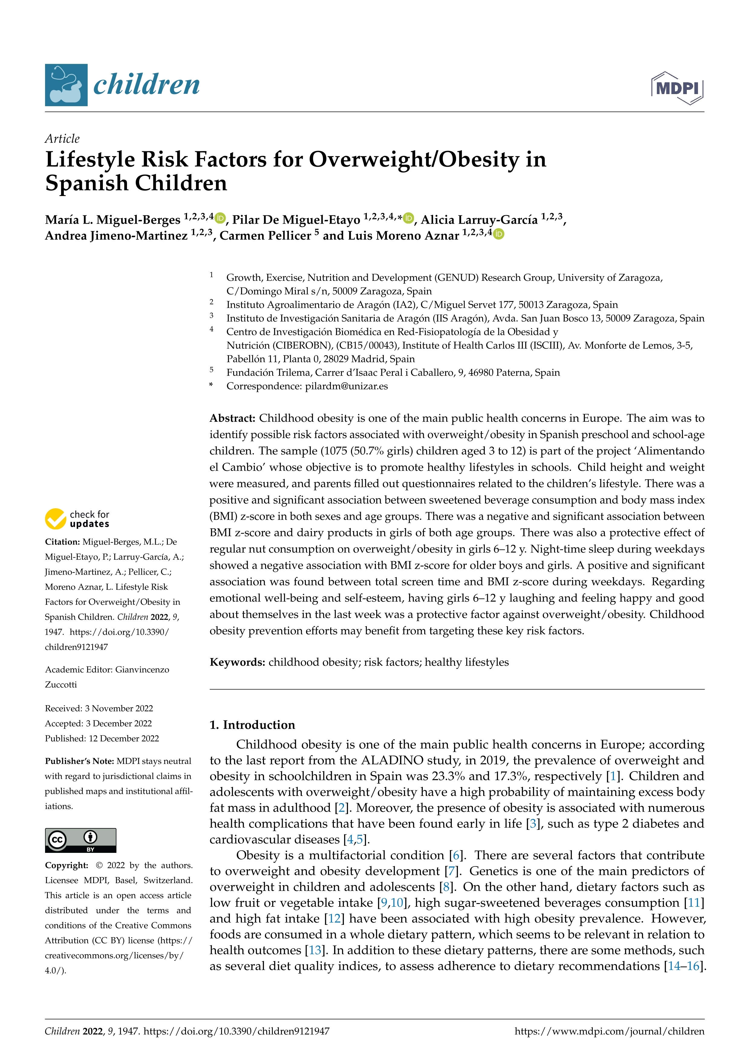 Lifestyle Risk Factors for Overweight/Obesity in Spanish Children