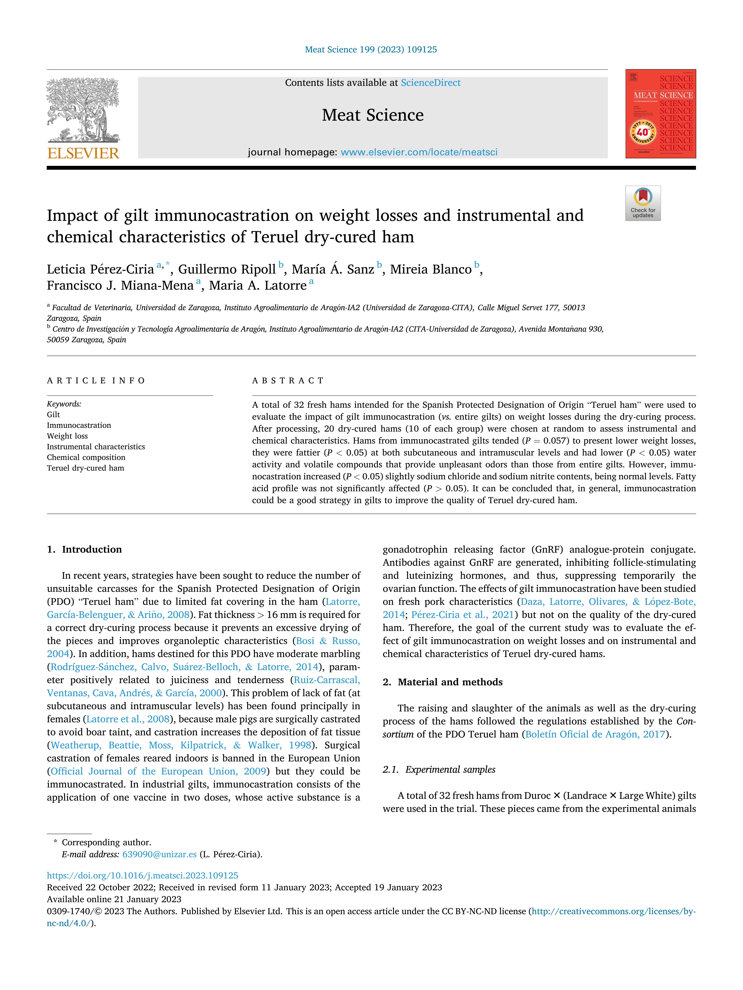 Impact of gilt immunocastration on weight losses and instrumental and chemical characteristics of Teruel dry-cured ham