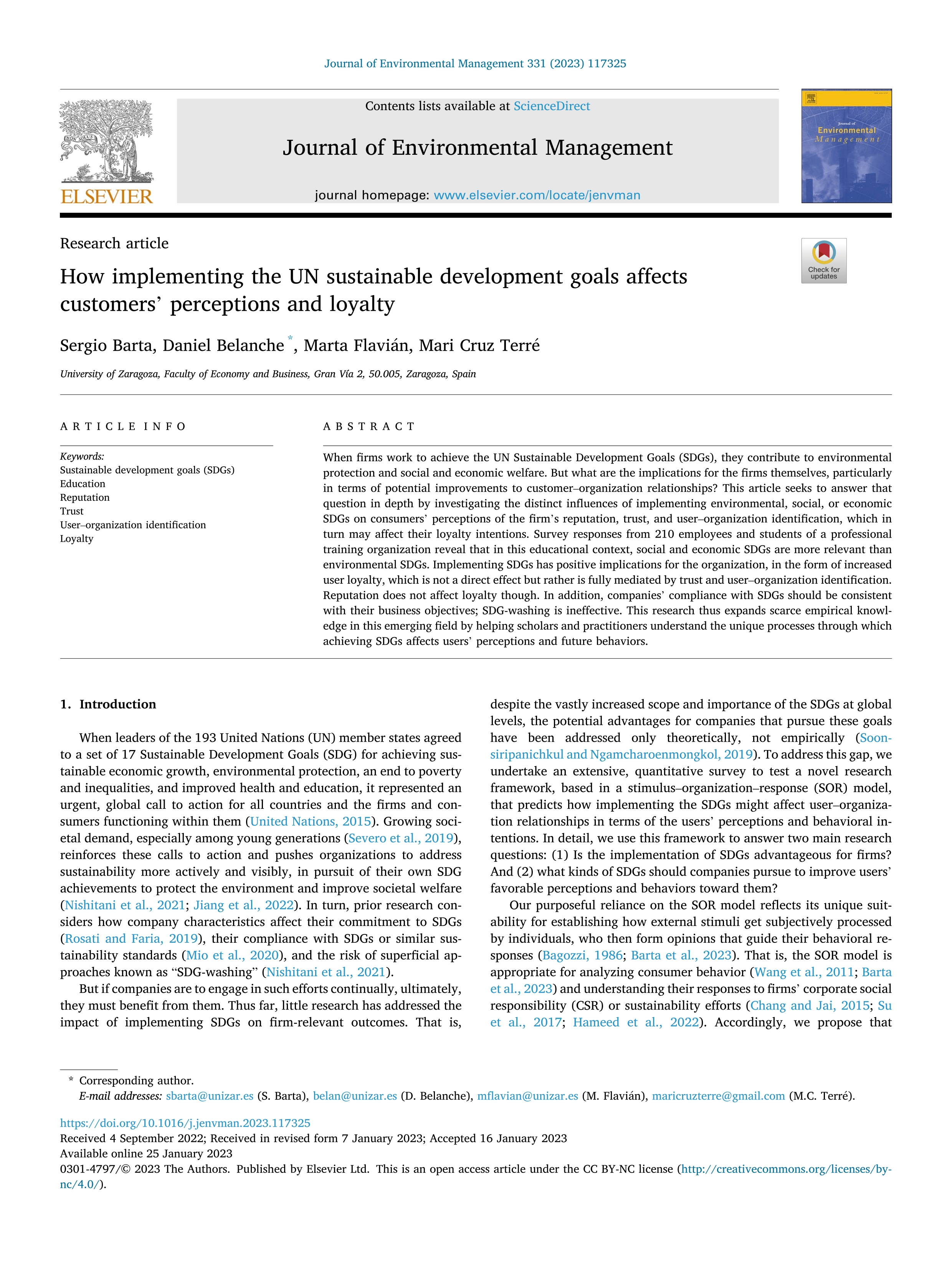 How implementing the UN sustainable development goals affects customers’ perceptions and loyalty