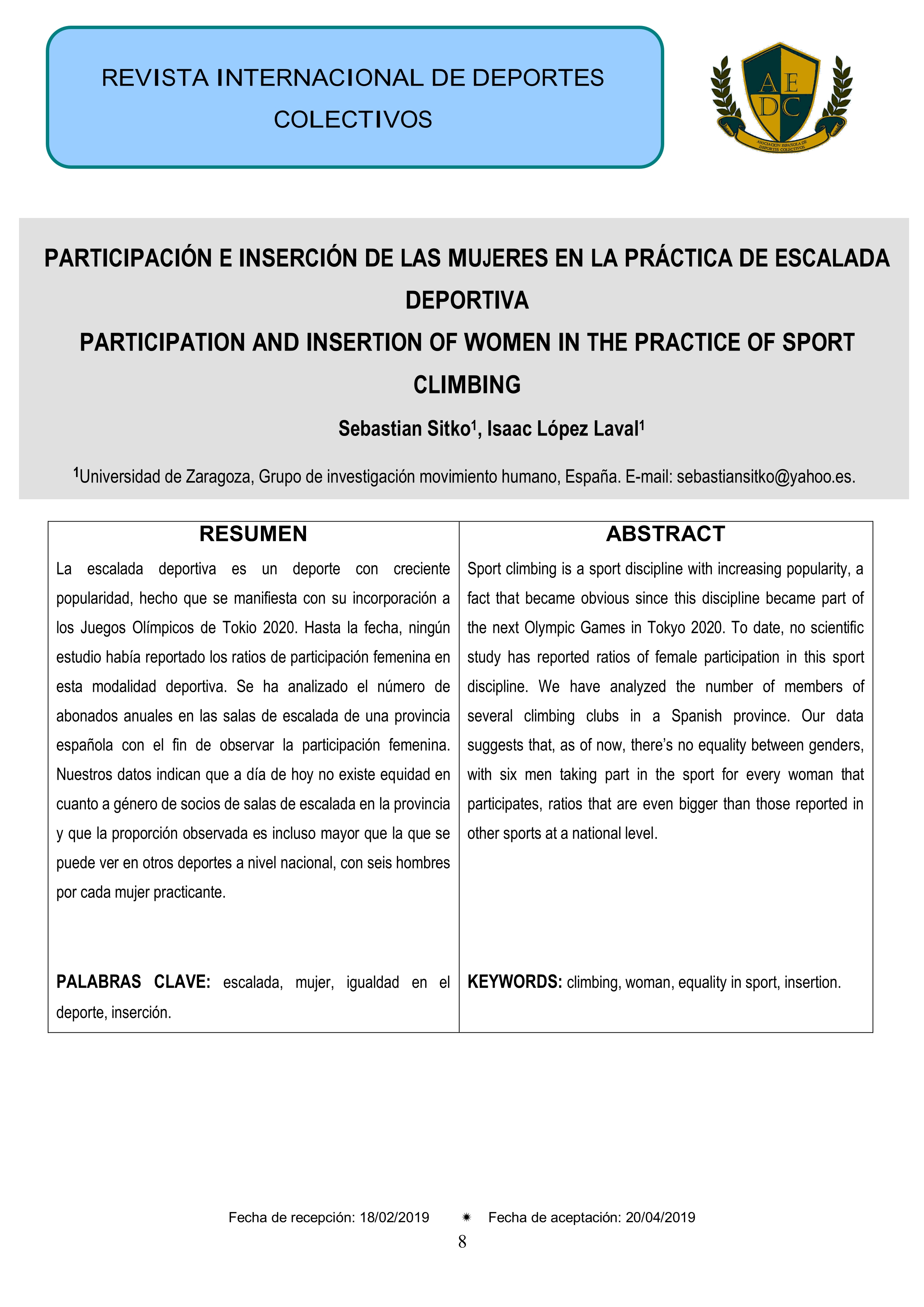 Participación e inserción de las mujeres en la práctica de escalada deportiva