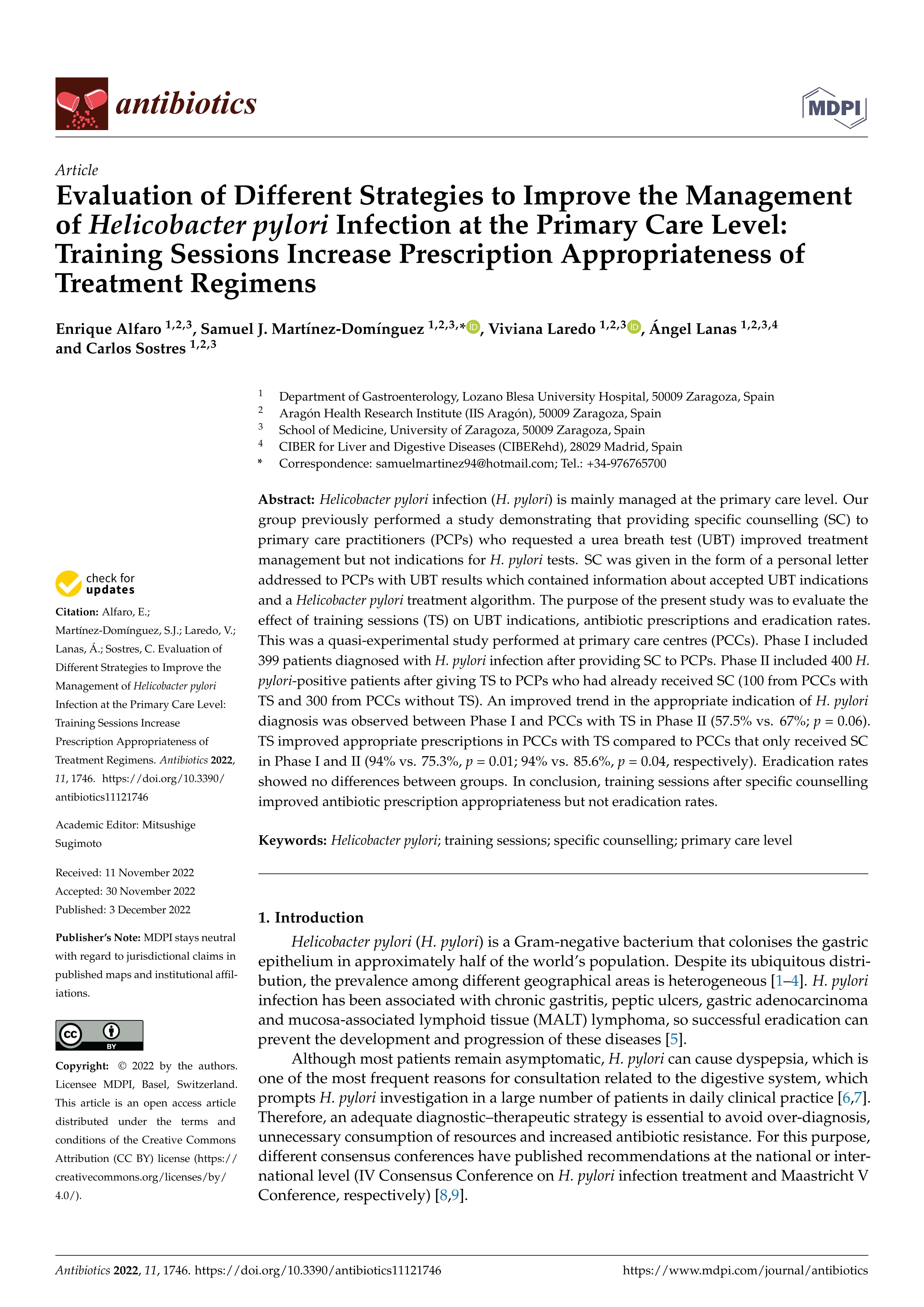 Evaluation of different strategies to improve the management of Helicobacter Pylori infection at the primary care level: training sessions increase prescription appropriateness of treatment regimens