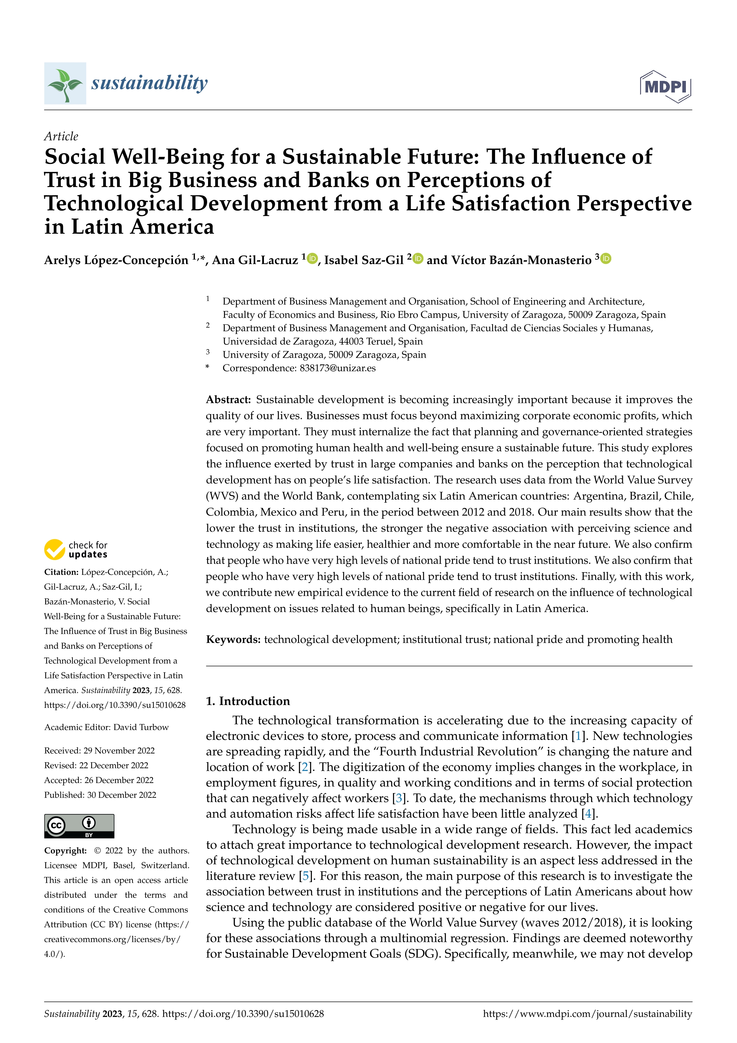 Social well-being for a sustainable future: the influence of trust in big business and banks on perceptions of technological development from a life satisfaction perspective in Latin America