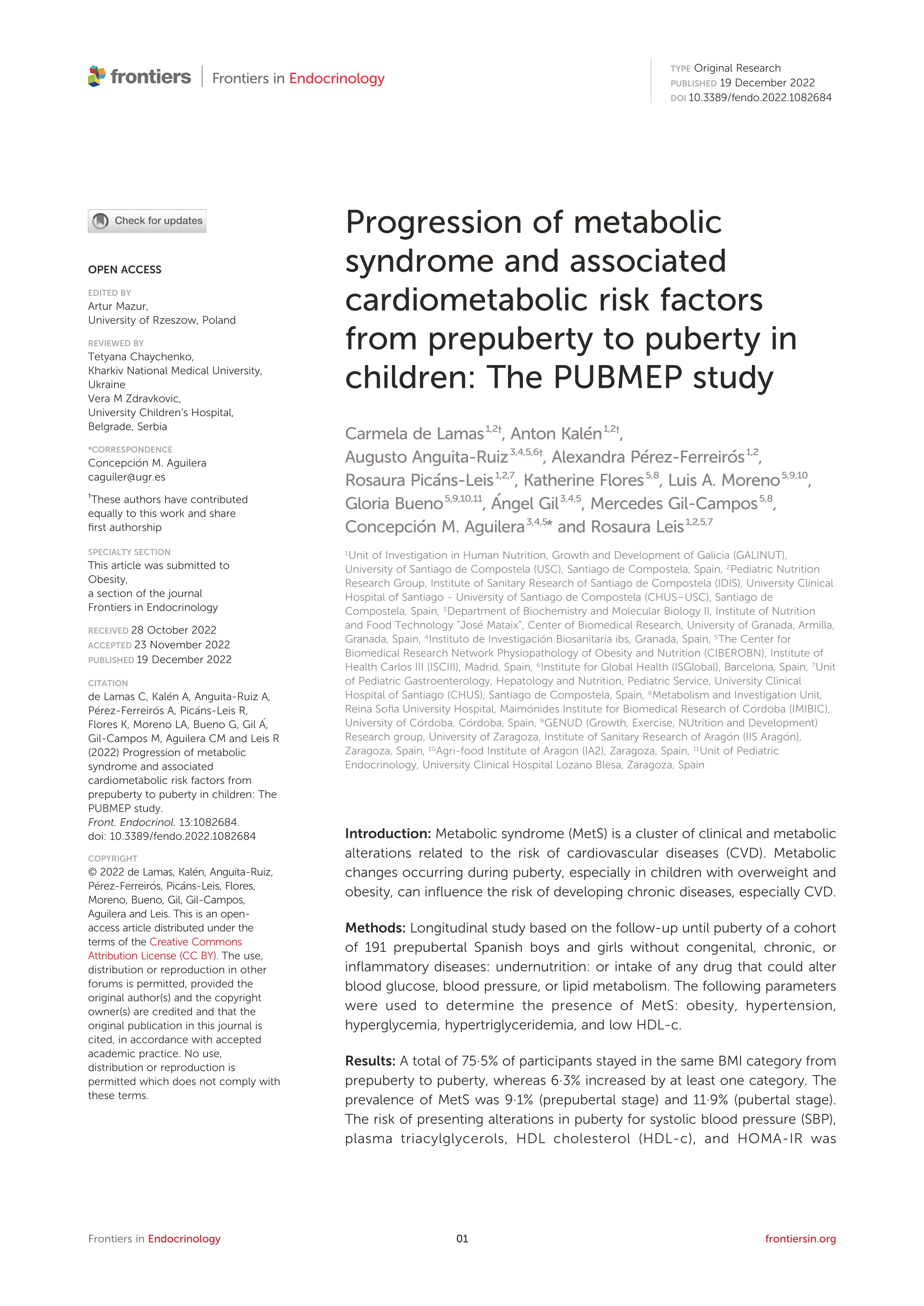 Progression of metabolic syndrome and associated cardiometabolic risk factors from prepuberty to puberty in children: The PUBMEP study