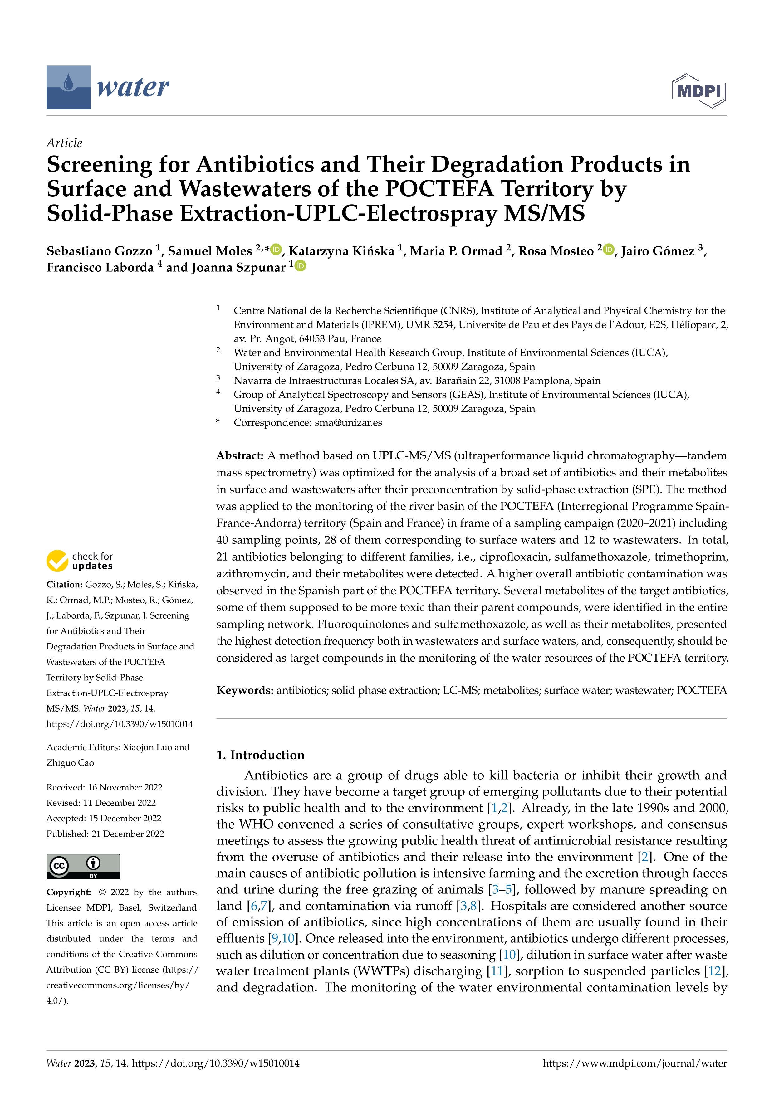 Screening for antibiotics and their degradation products in surface and wastewaters of the POCTEFA territory by solid-phase Extraction-UPLC-Electrospray MS/MS