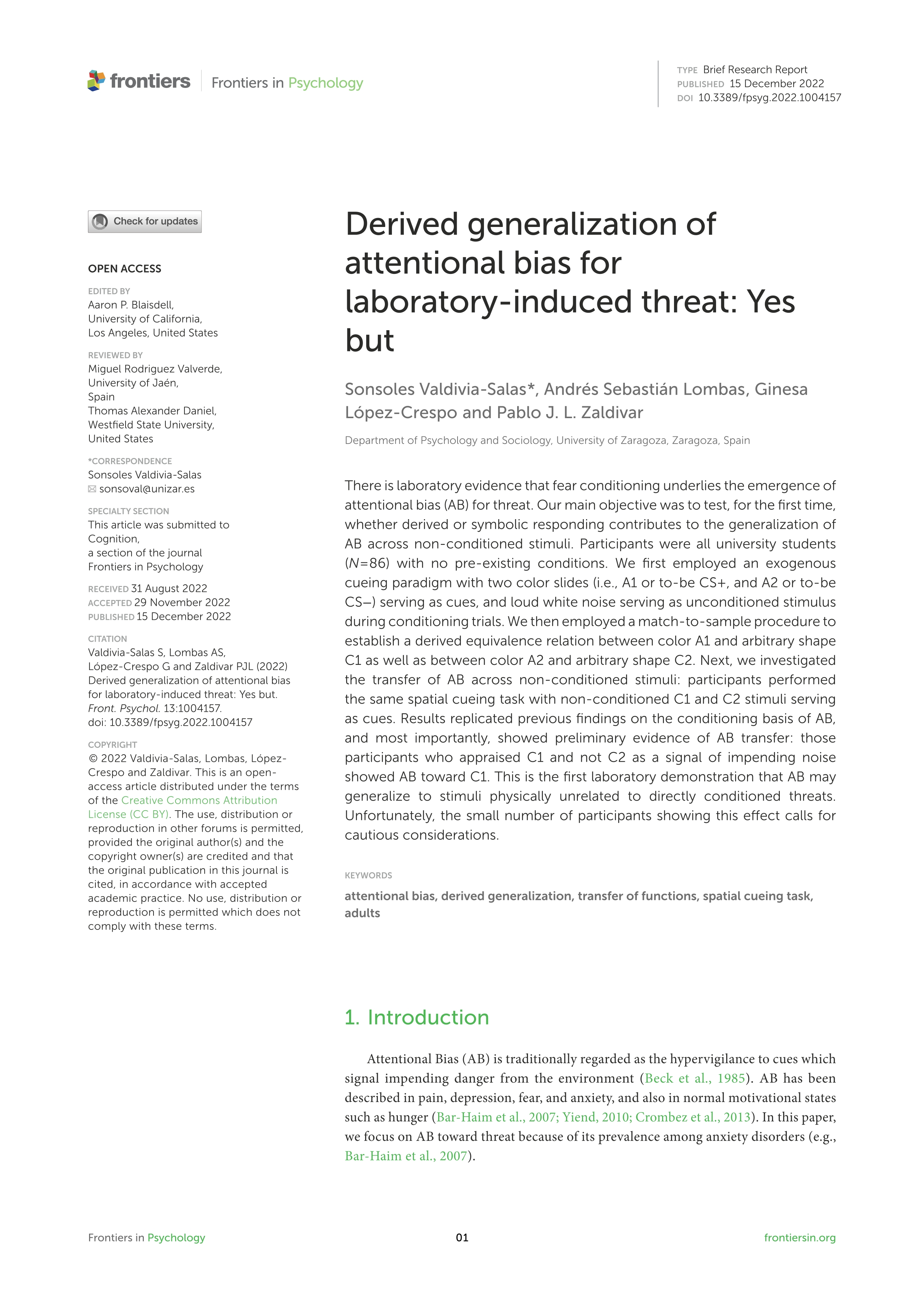 Derived generalization of attentional bias for laboratory-induced threat: Yes but