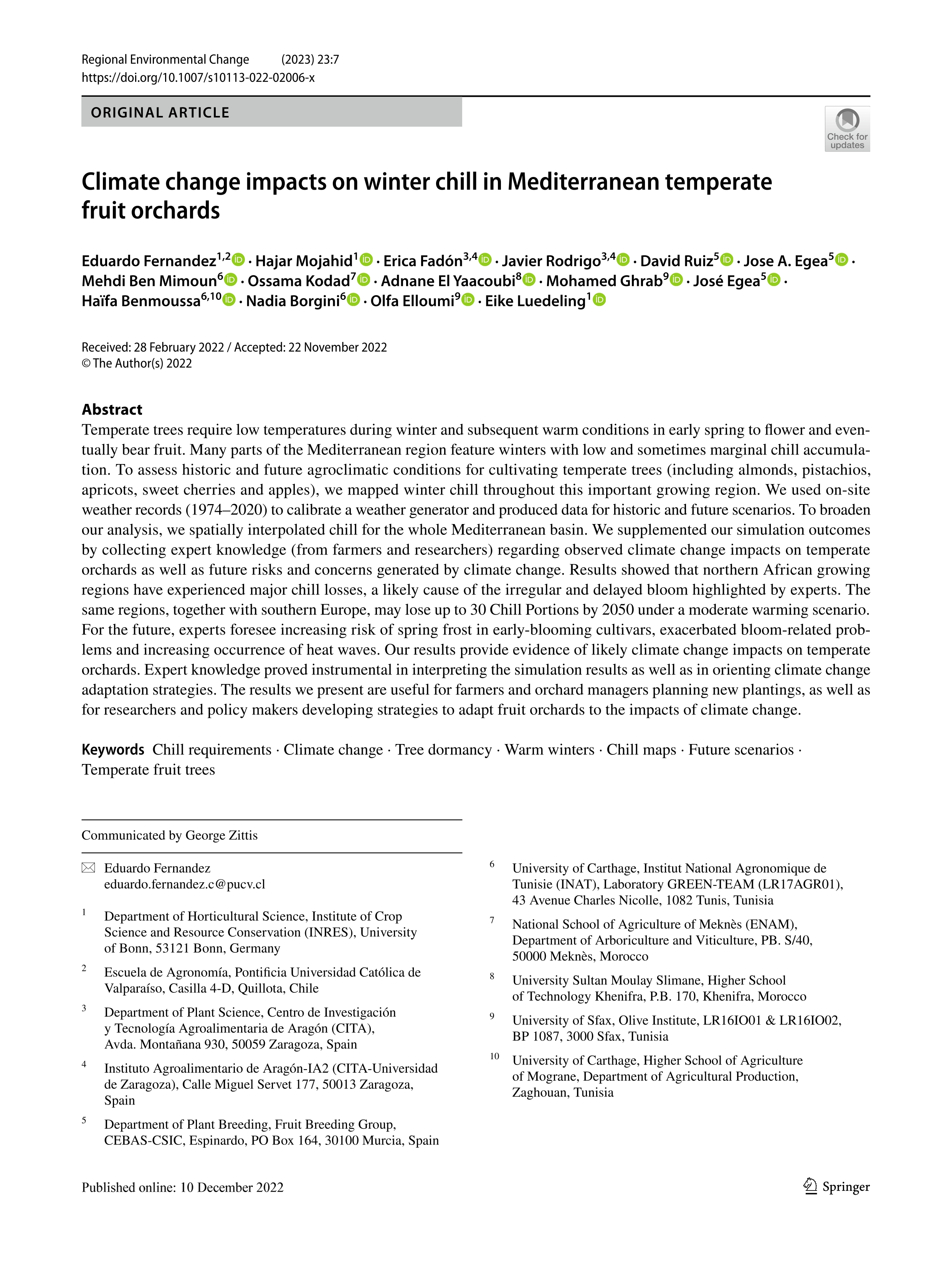 Climate change impacts on winter chill in Mediterranean temperate fruit orchards