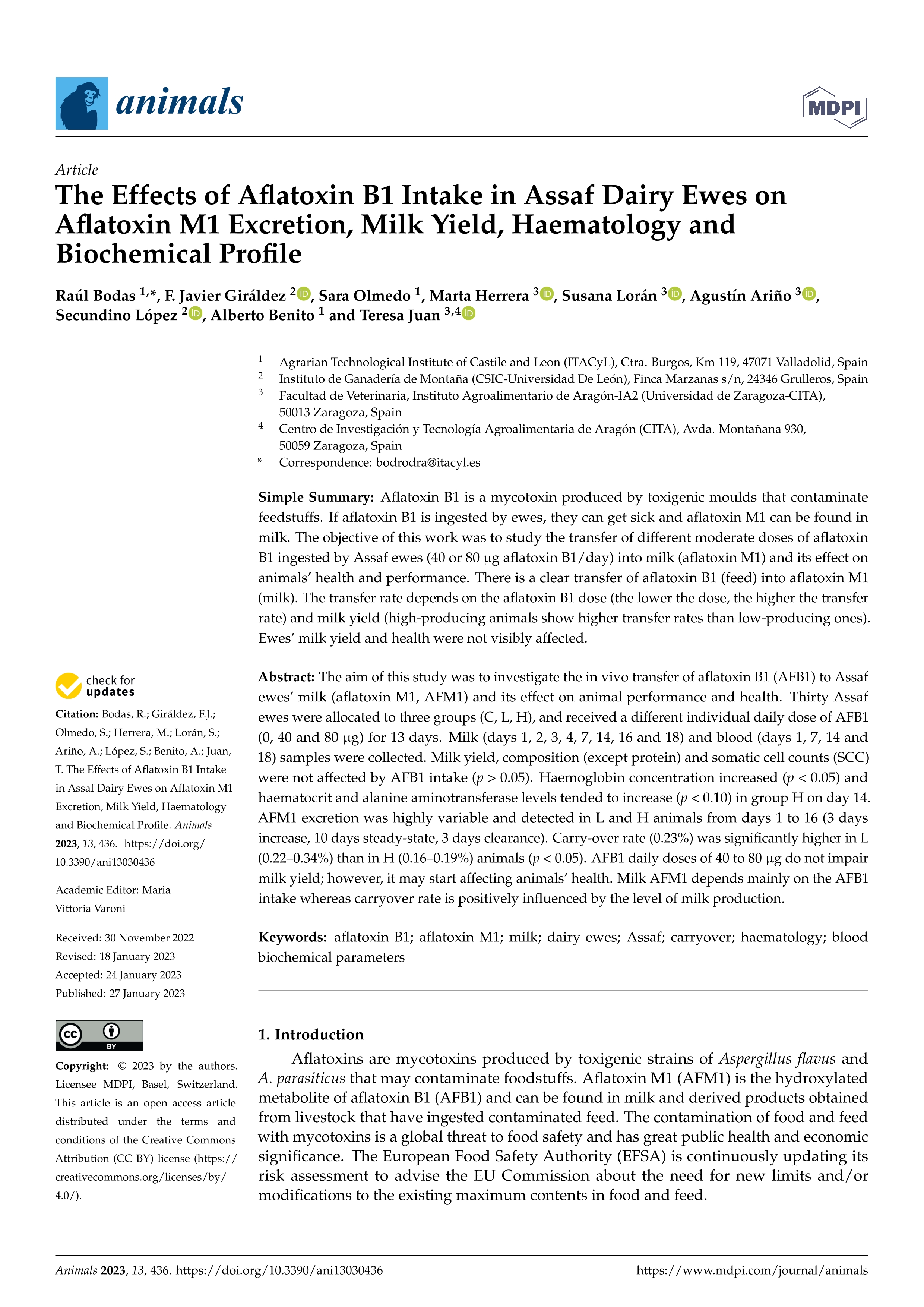 The efects of Aflatoxin B1 intake in Assaf dairy ewes on Aflatoxin M1 excretion, milk yield, haematology and biochemical profile