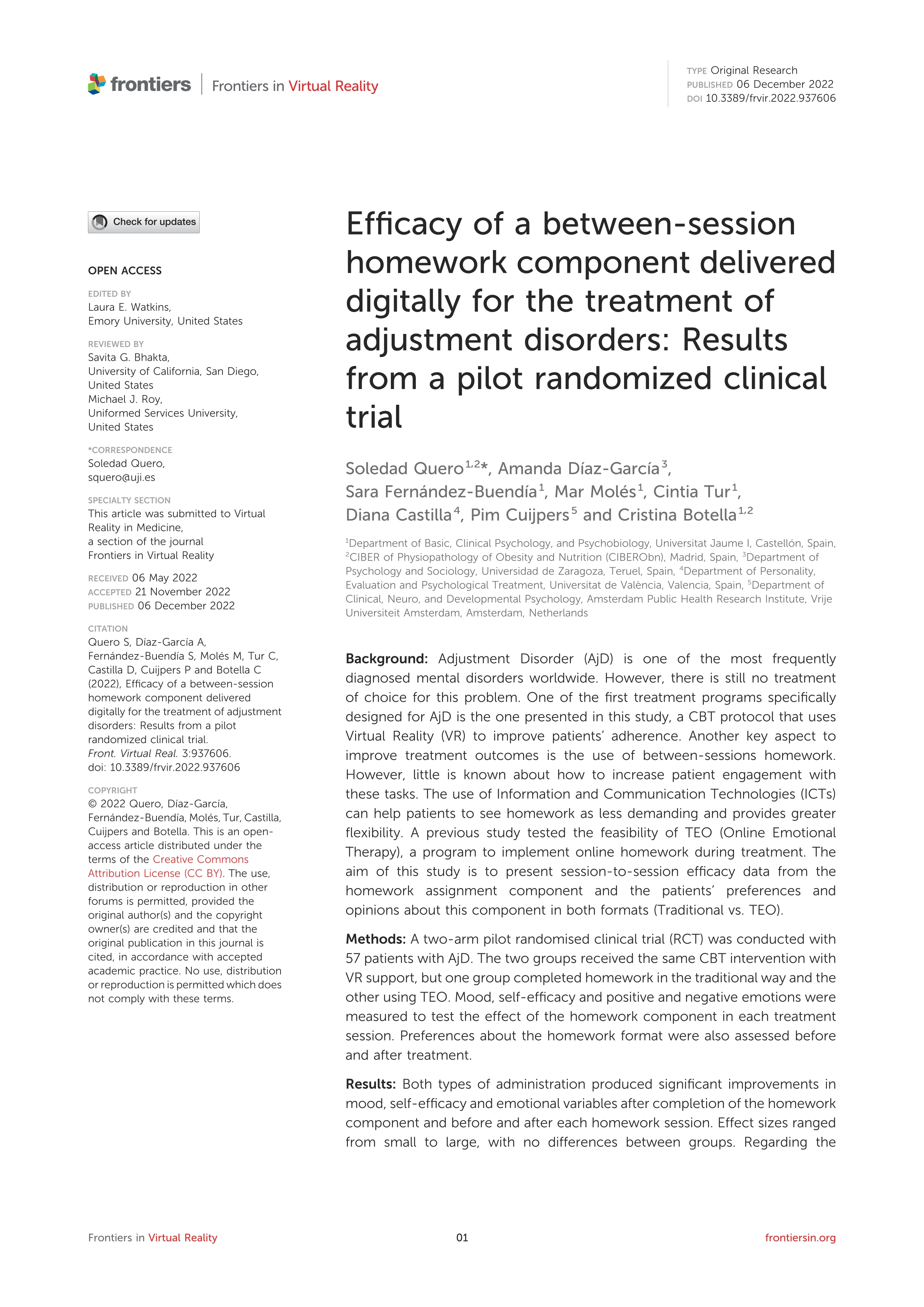 Efficacy of a between-session homework component delivered digitally for the treatment of adjustment disorders: Results from a pilot randomized clinical trial