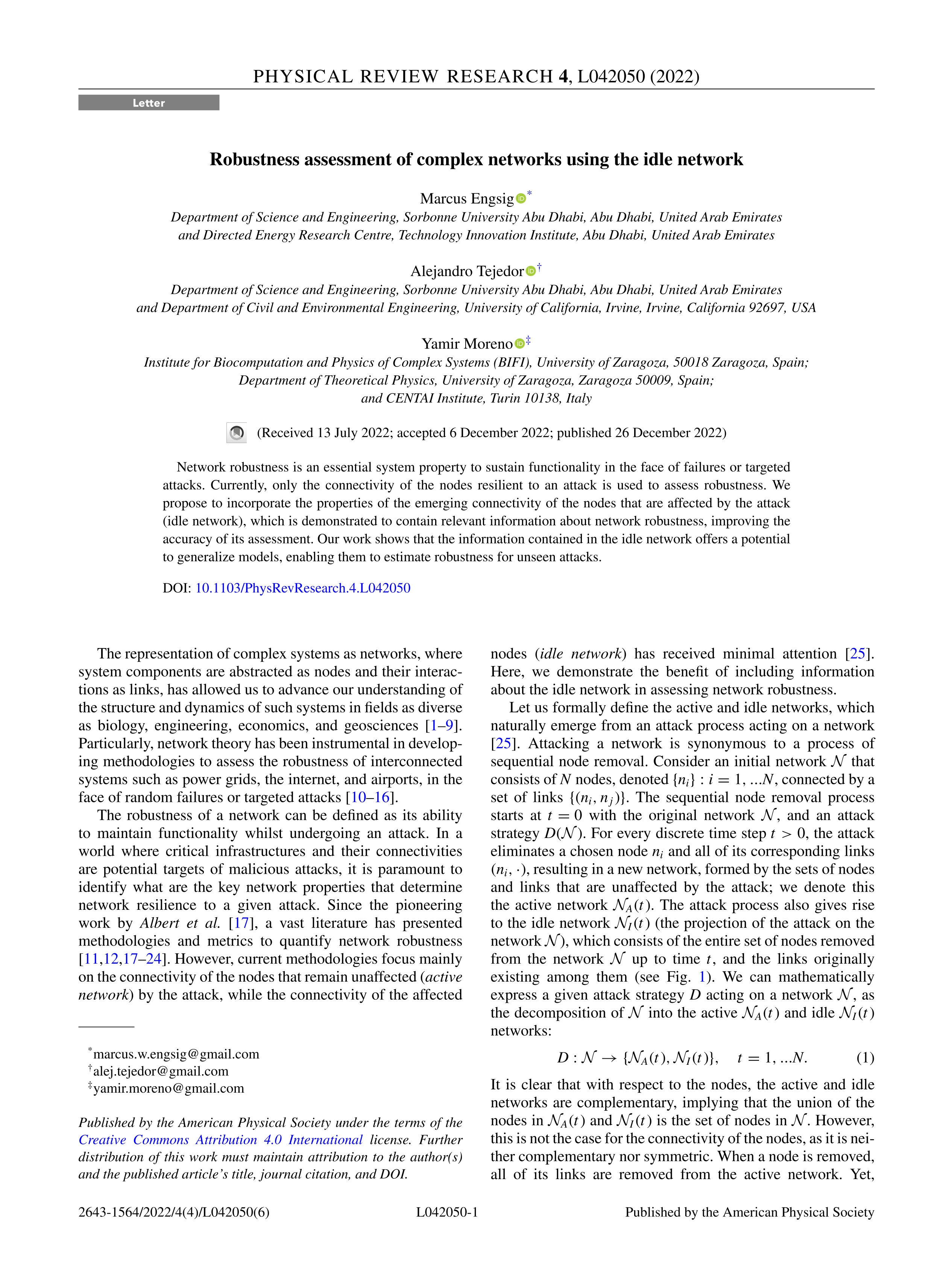 Robustness assessment of complex networks using the idle network