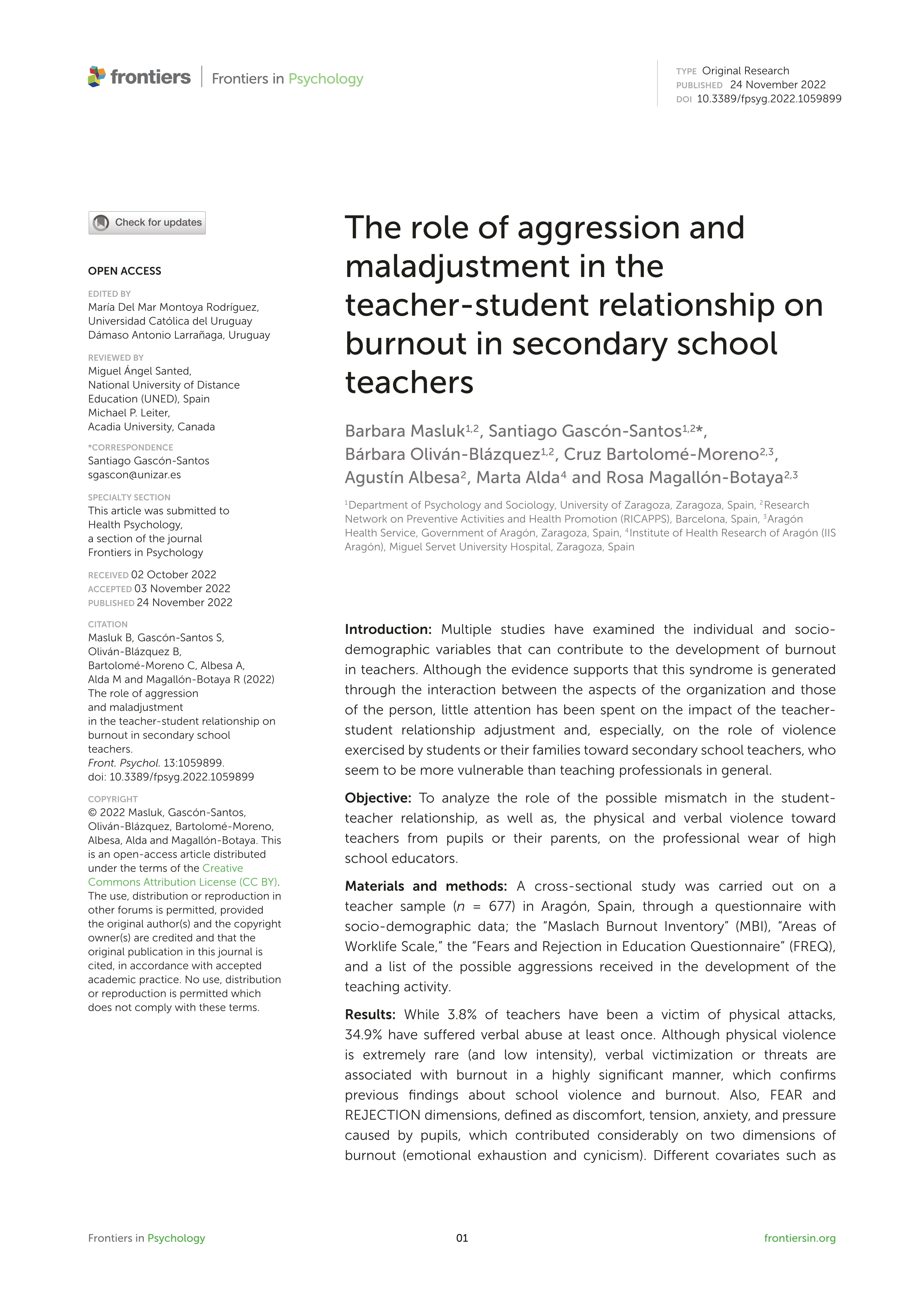 The role of aggression and maladjustment in the teacher-student relationship on burnout in secondary school teachers