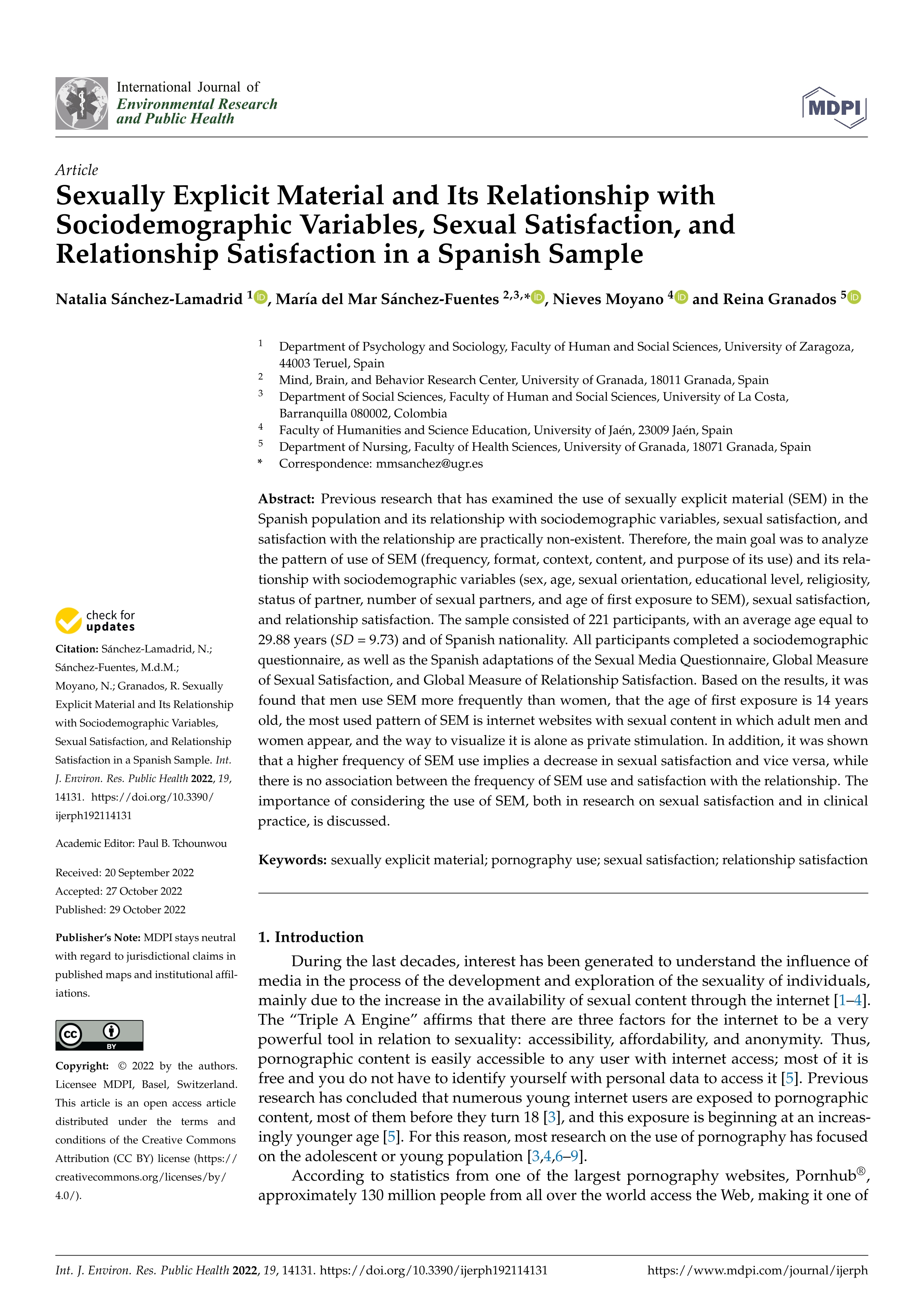 Sexually Explicit Material and Its Relationship with Sociodemographic Variables, Sexual Satisfaction, and Relationship Satisfaction in a Spanish Sample