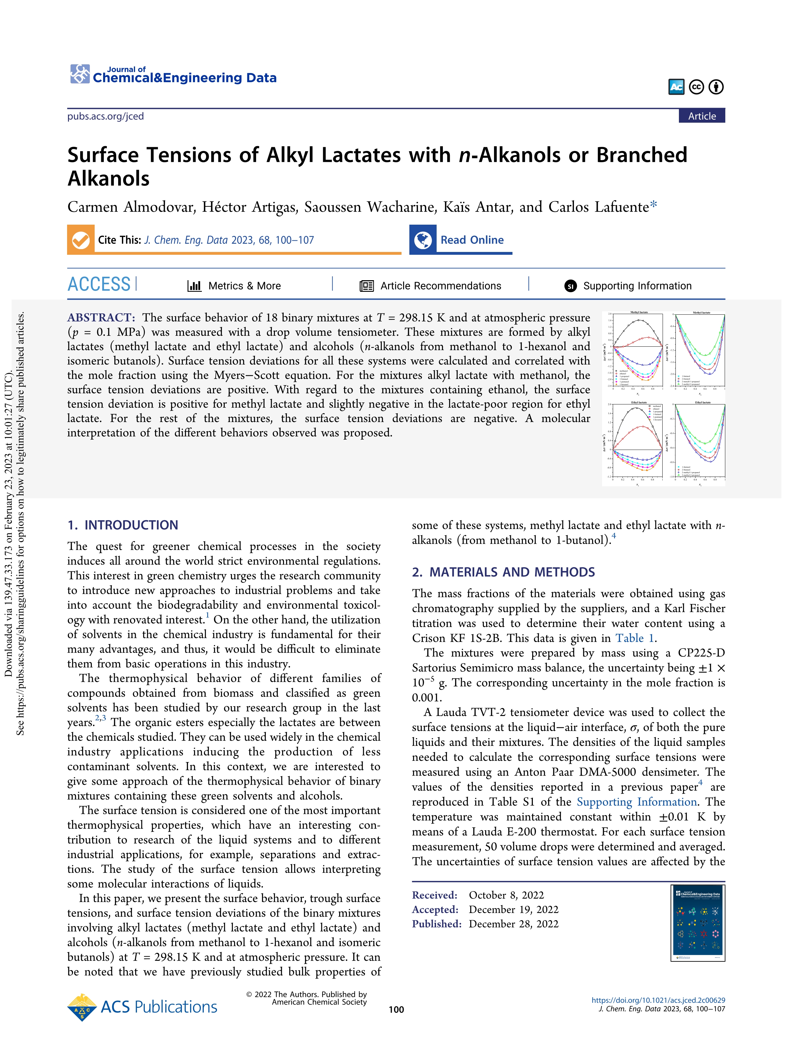 Surface tensions of Alkyl Lactates with n-Alkanols or branched Alkanols