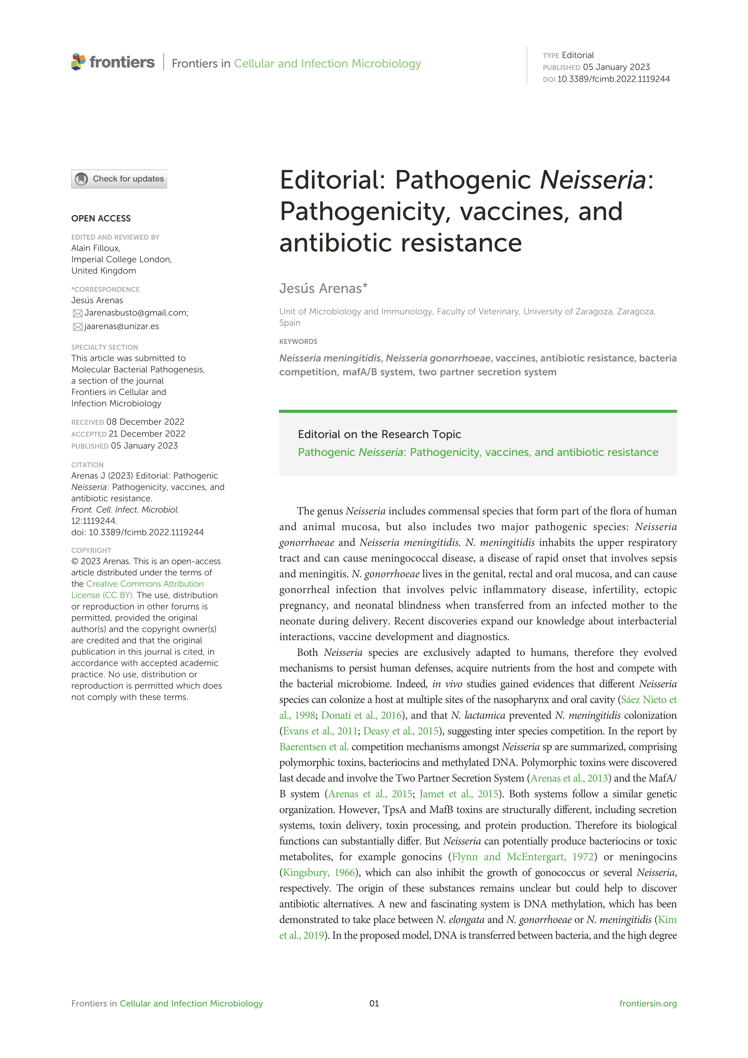 Editorial: Pathogenic Neisseria: Pathogenicity, vaccines, and antibiotic resistance