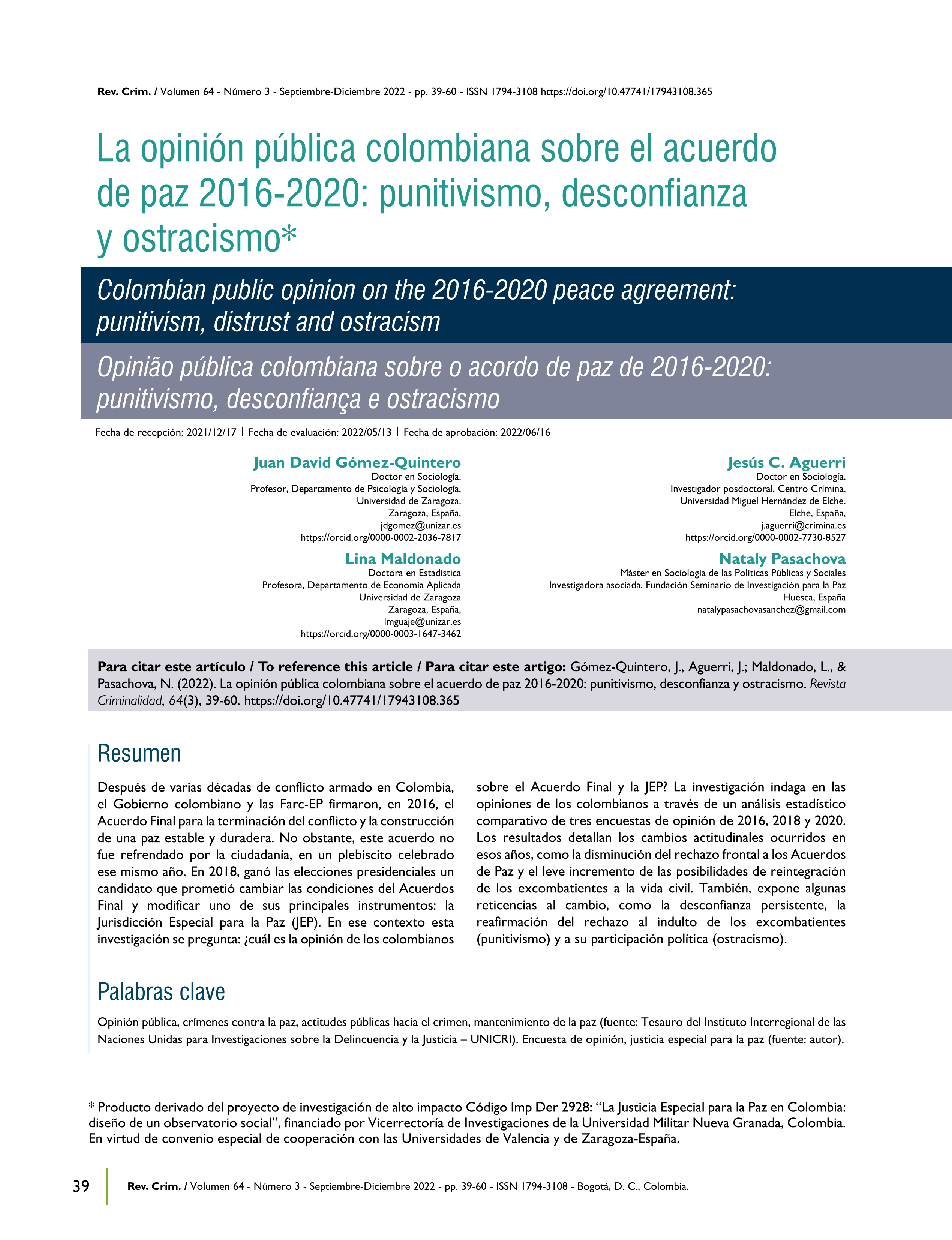 La opinión pública colombiana sobre el acuerdo de paz 2016-2020: punitivismo, desconfianza y ostracismo