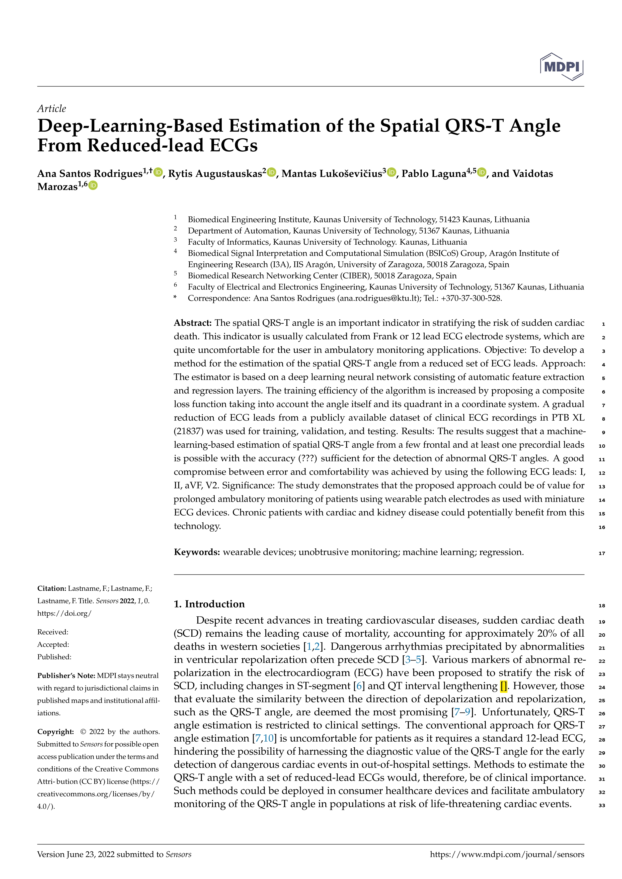 Deep-Learning-Based Estimation of the Spatial QRS-T Angle from Reduced-Lead ECGs