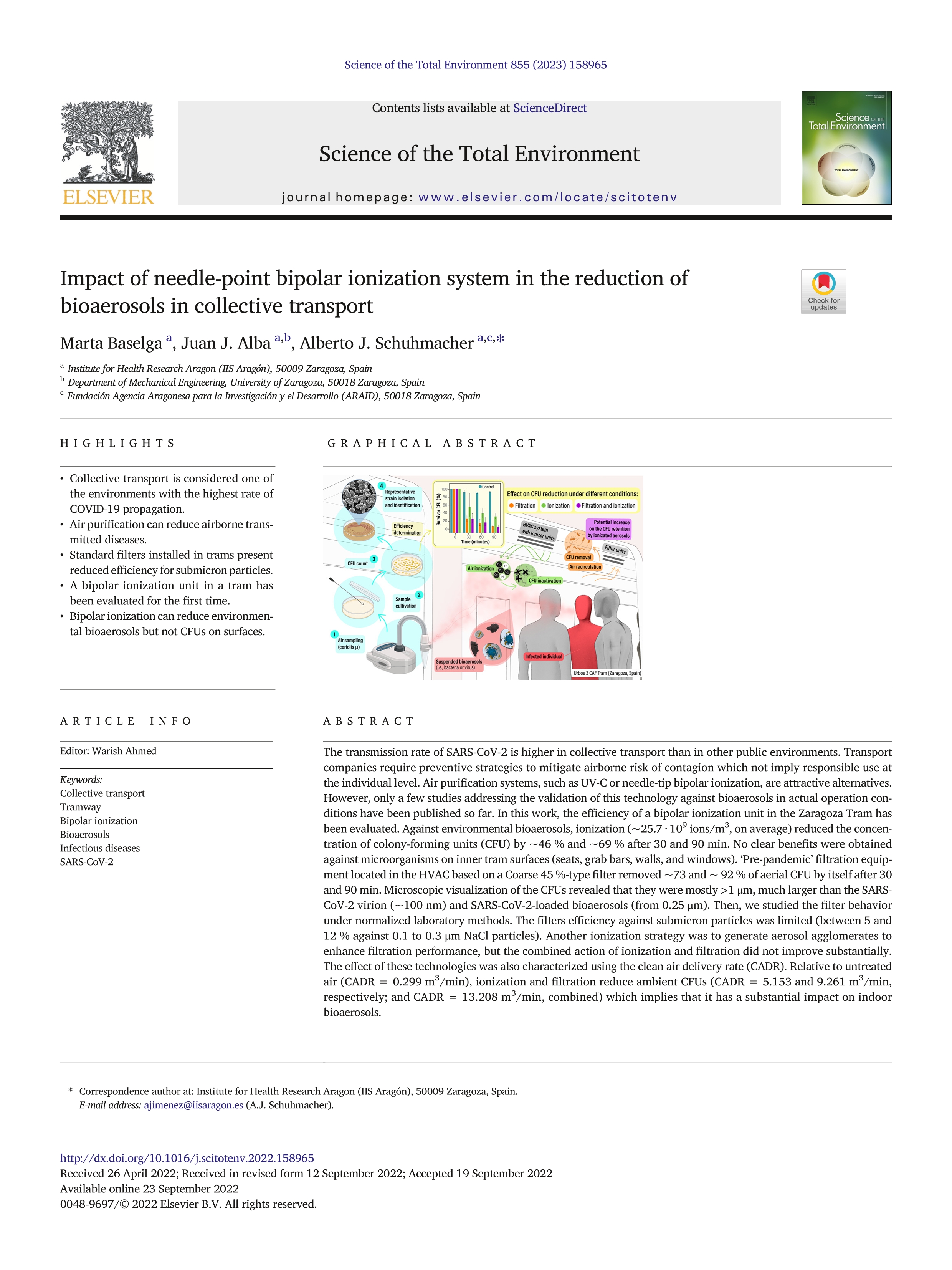 Impact of needle-point bipolar ionization system in the reduction of bioaerosols in collective transport