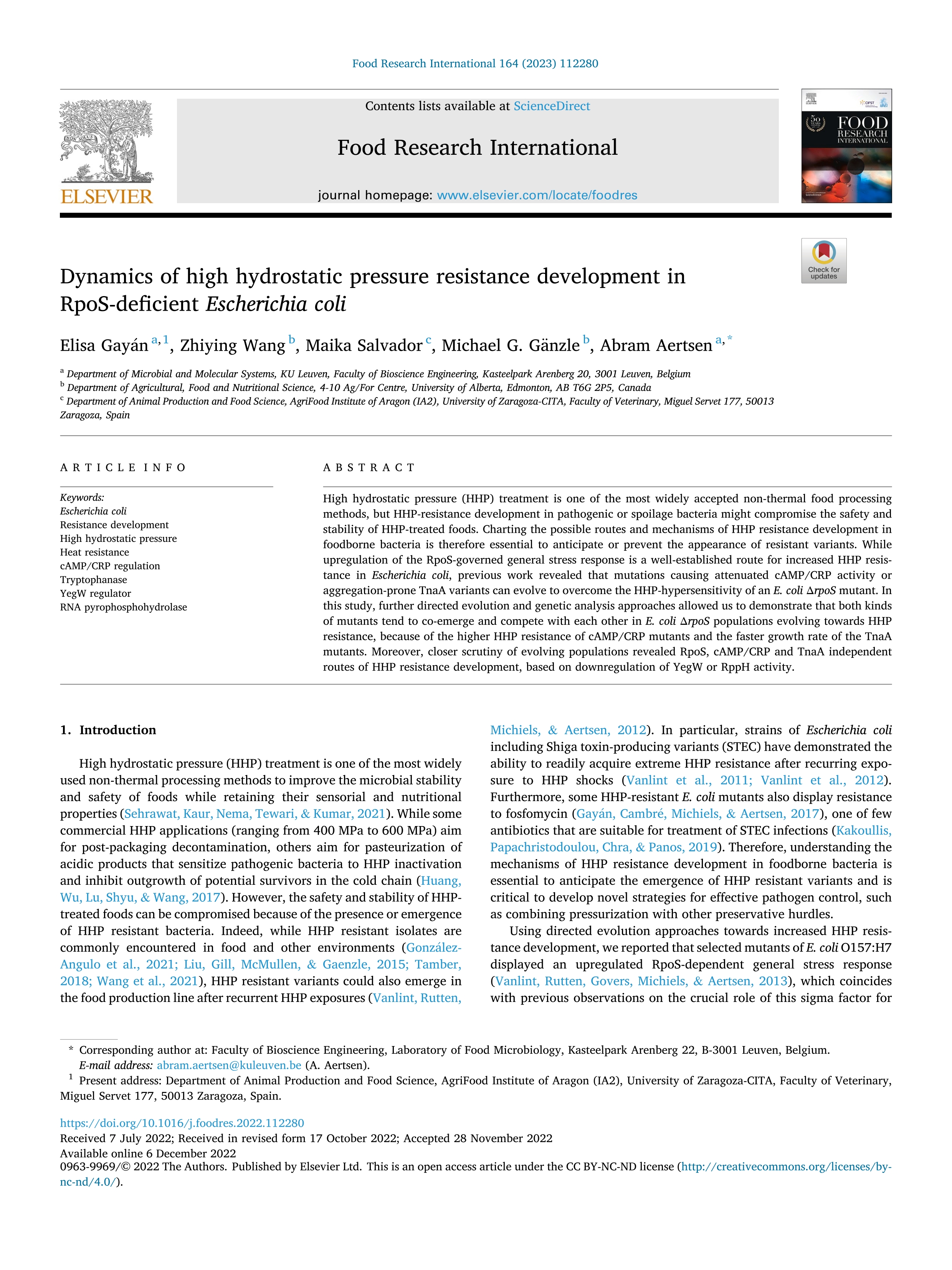 Dynamics of high hydrostatic pressure resistance development in RpoS-deficient Escherichia coli