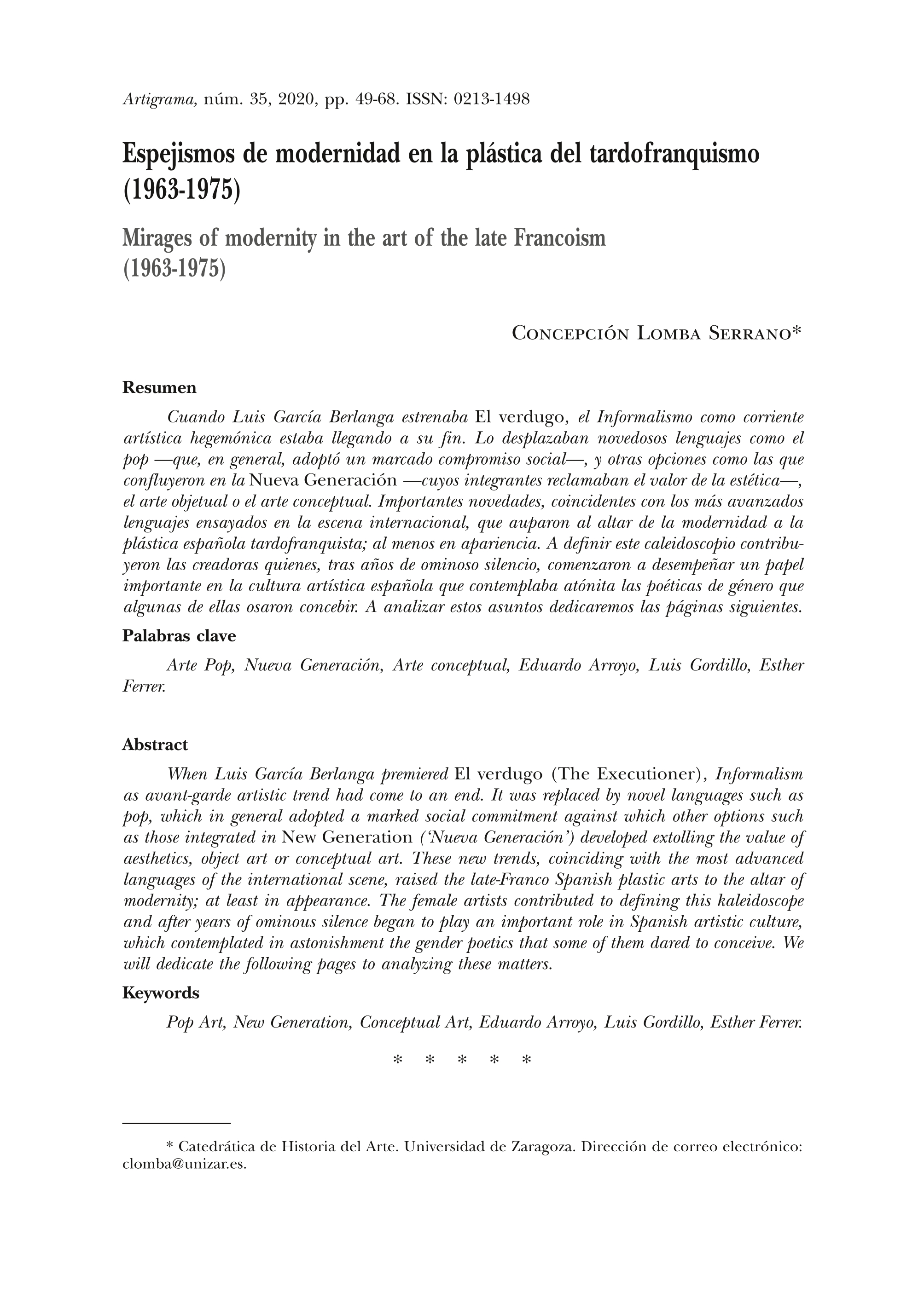 Espejismos de modernidad en la plástica del tardofranquismo. 1963-1975