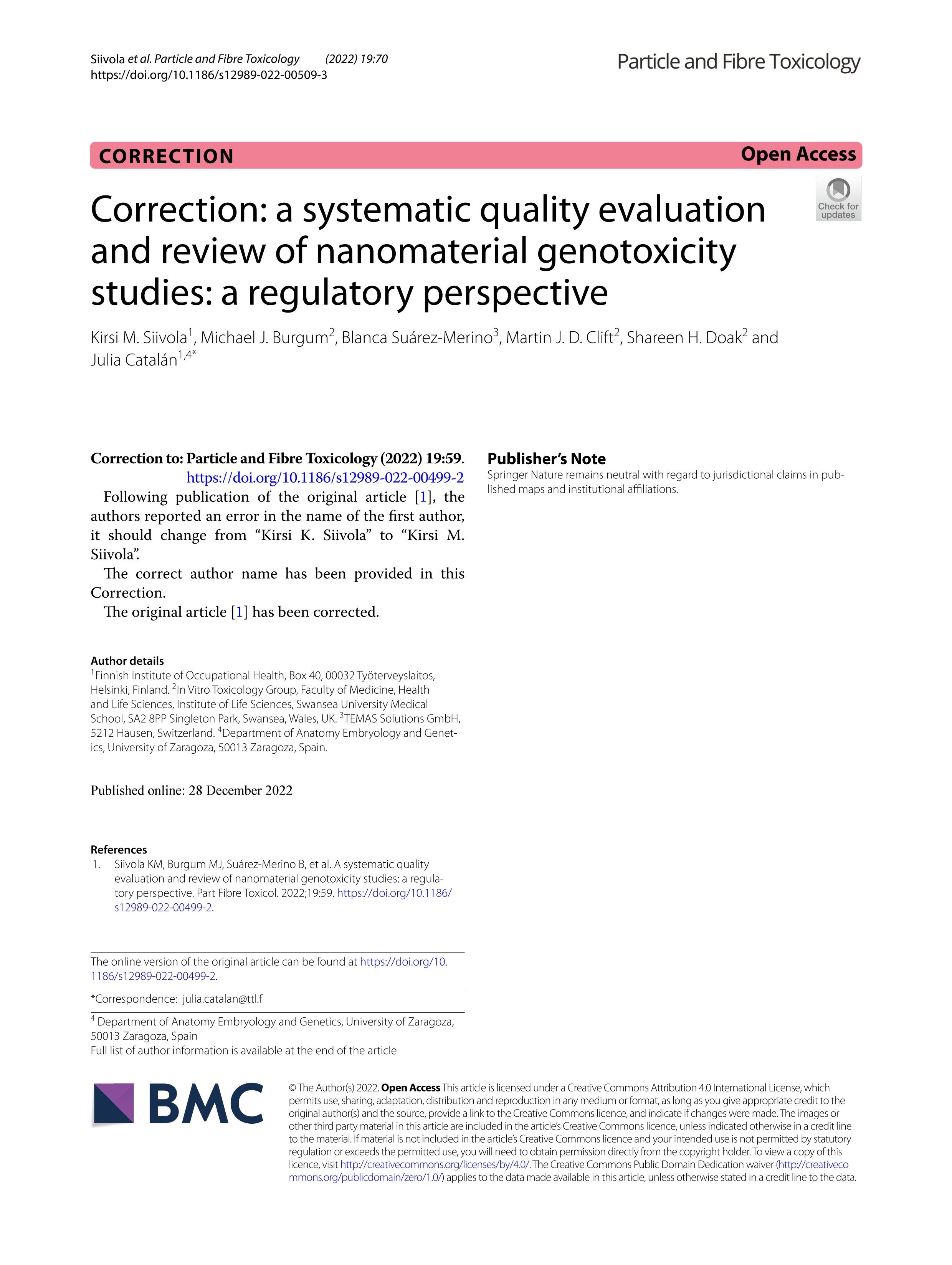 Correction: a systematic quality evaluation and review of nanomaterial genotoxicity studies: a regulatory perspective