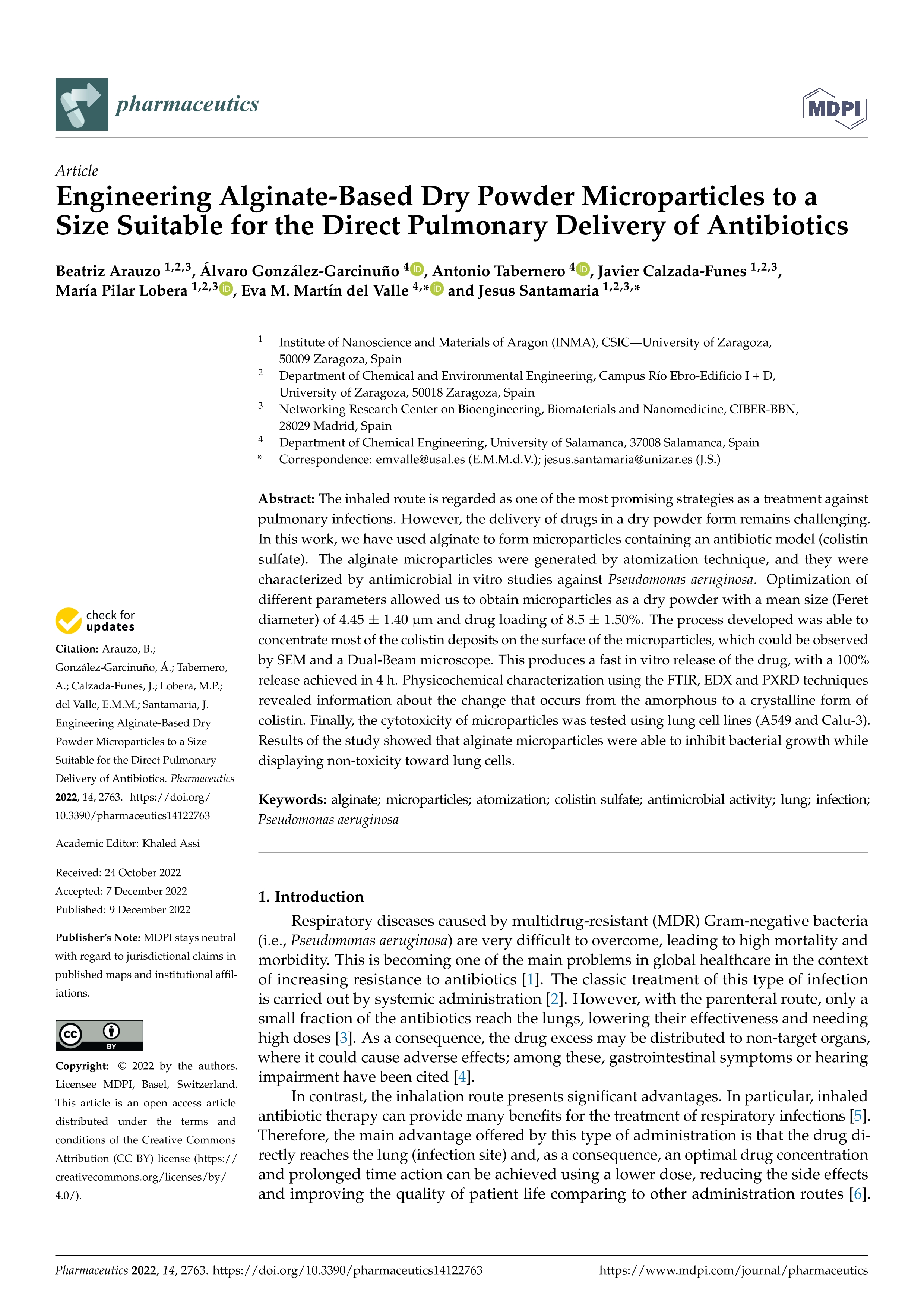 Engineering alginate-based dry powder microparticles to a size suitable for the direct pulmonary delivery of antibiotics