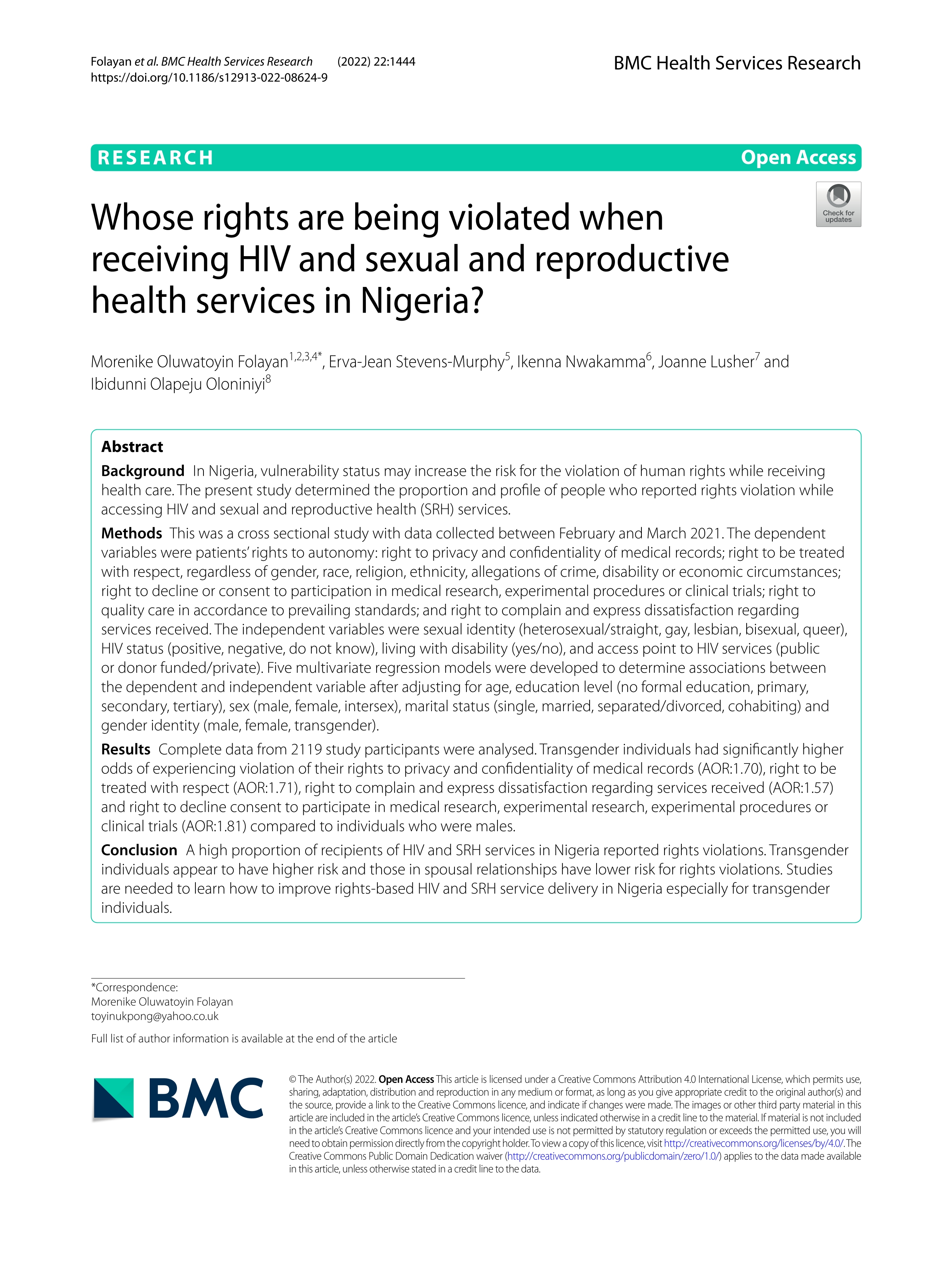 Whose rights are being violated when receiving HIV and sexual and reproductive health services in Nigeria?