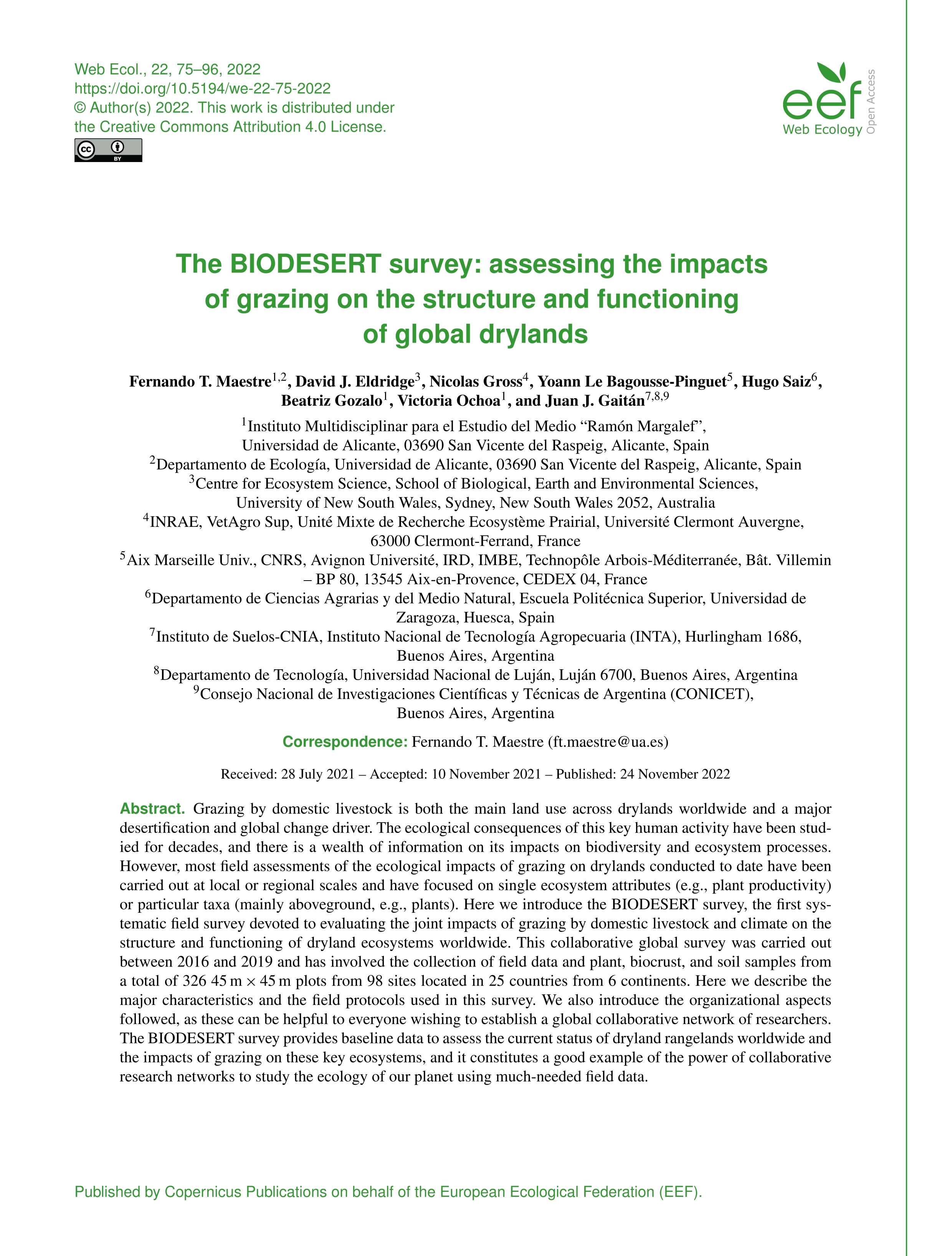 The BIODESERT survey: assessing the impacts of grazing on the structure and functioning of global drylands