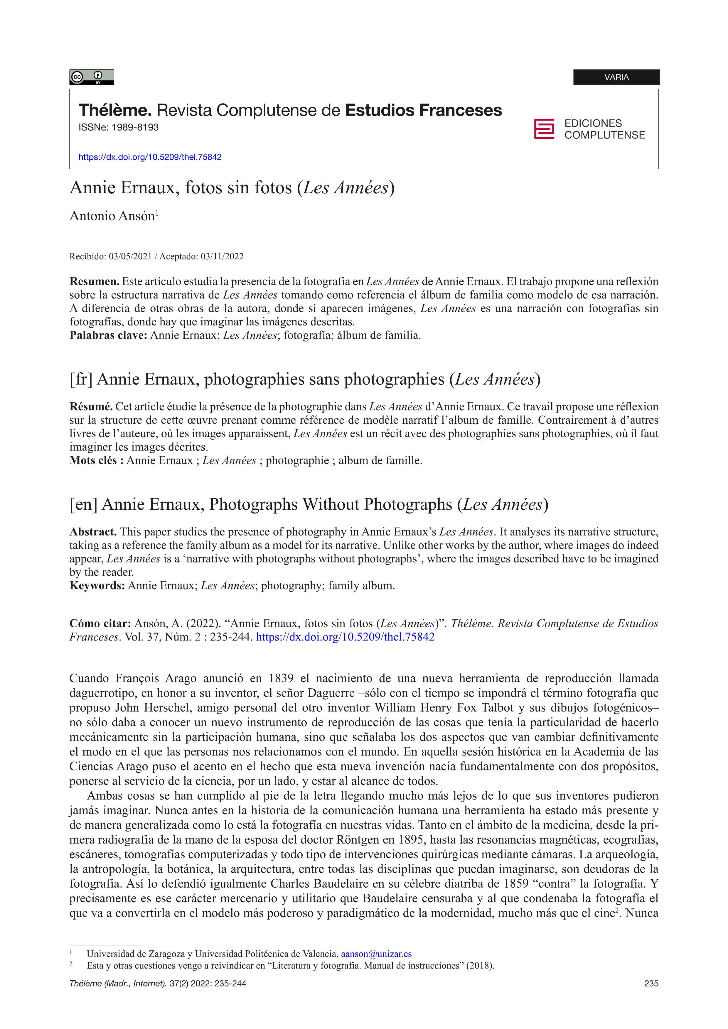 Annie Ernaux, fotos sin fotos (Les Années)