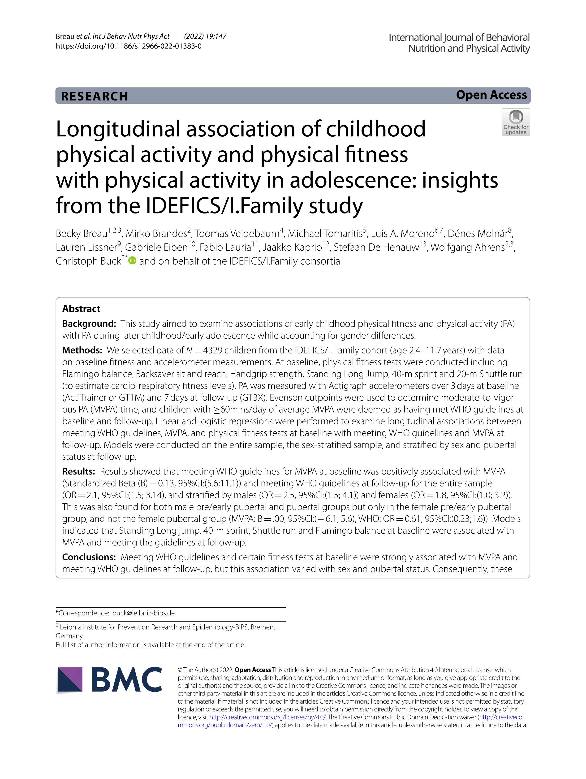 Longitudinal association of childhood physical activity and physical fitness with physical activity in adolescence: insights from the IDEFICS/I.Family study