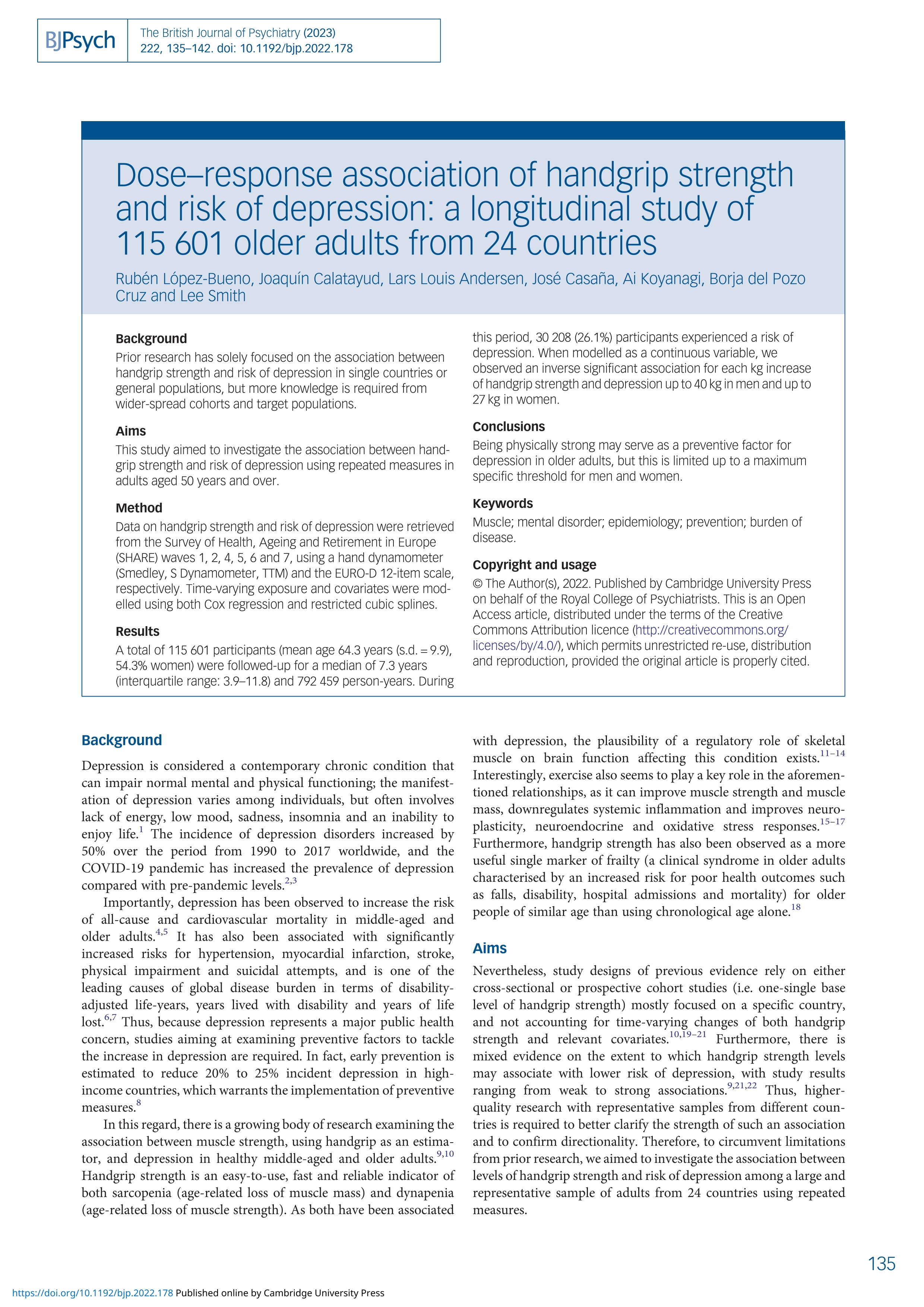 Dose–response association of handgrip strength and risk of depression: a longitudinal study of 115 601 older adults from 24 countries