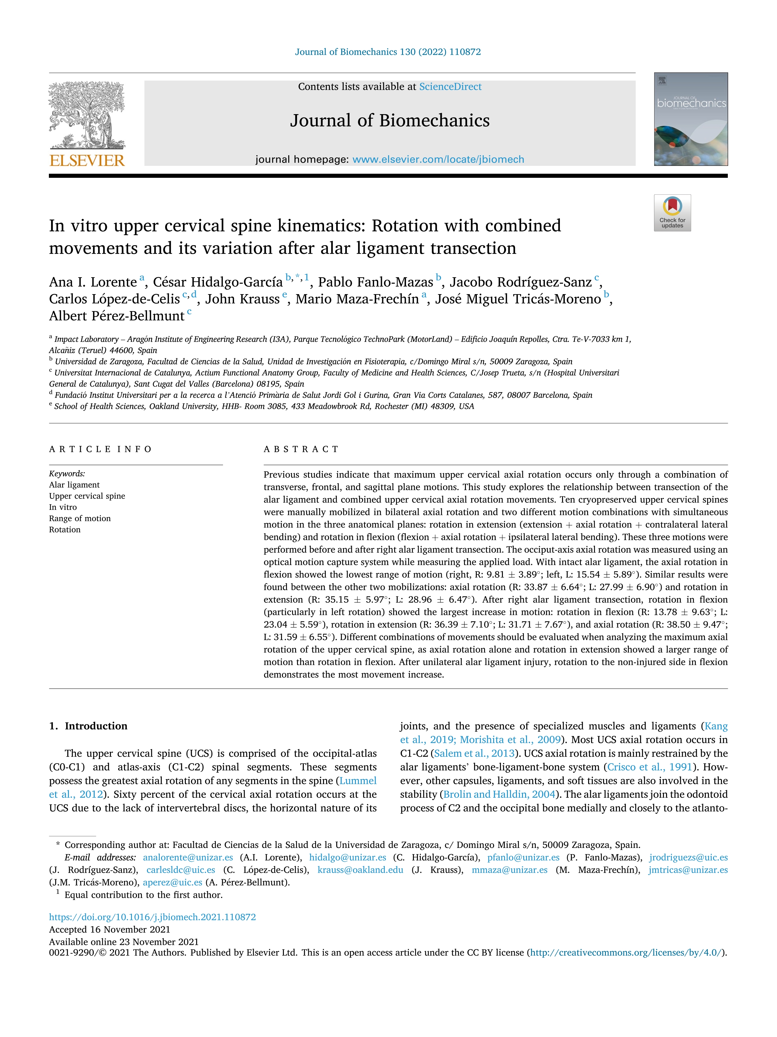 In vitro upper cervical spine kinematics: rotation with combined movements and its variation after alar ligament transection