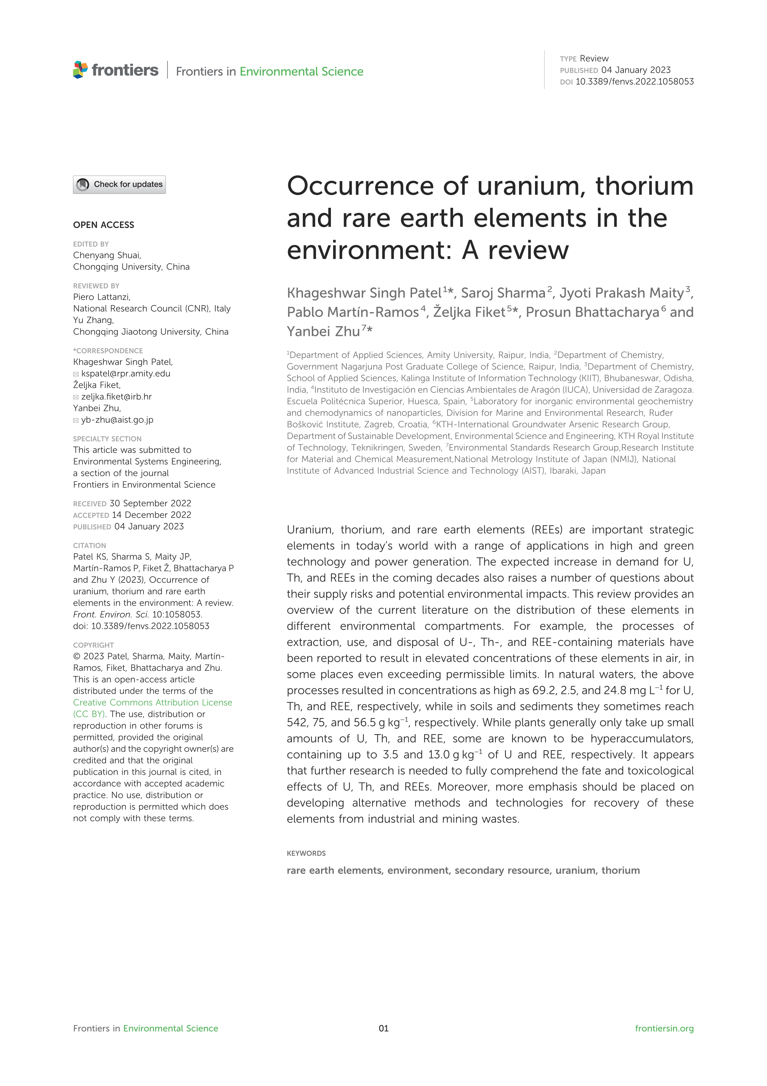 Occurrence of uranium, thorium and rare earth elements in the environment: A review
