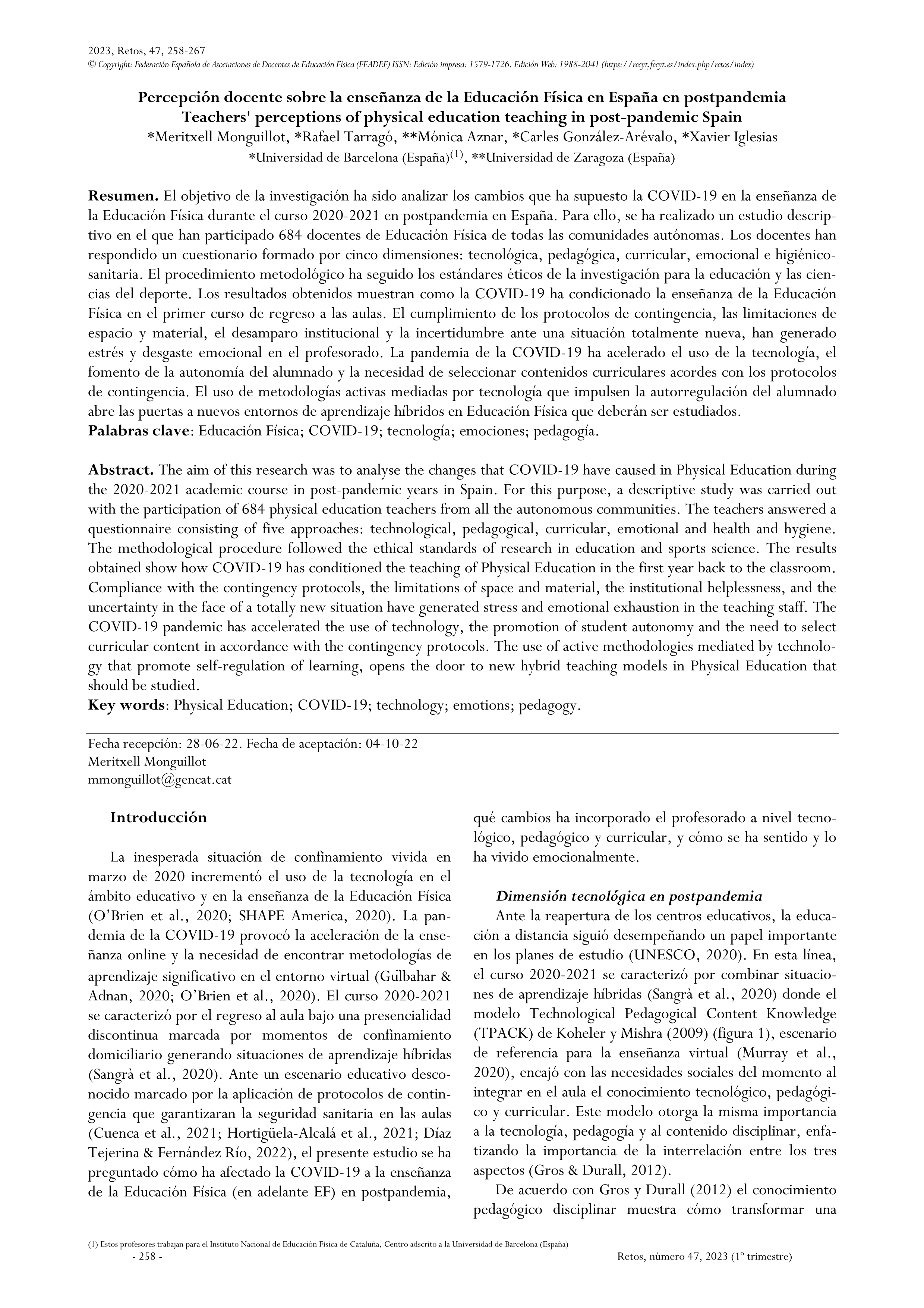 Percepción docente sobre la enseñanza de la Educación física en España en postpandemia  (Teachers' perceptions of physical education teaching in post-pandemic Spain)