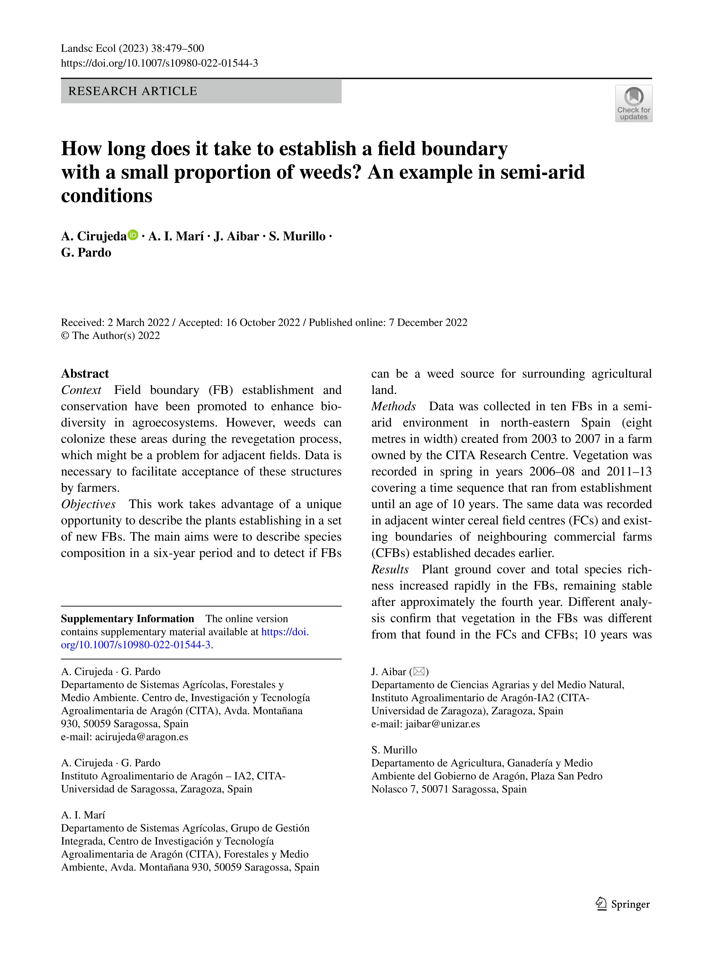 How long does it take to establish a field boundary with a small proportion of weeds? An example in semi-arid conditions