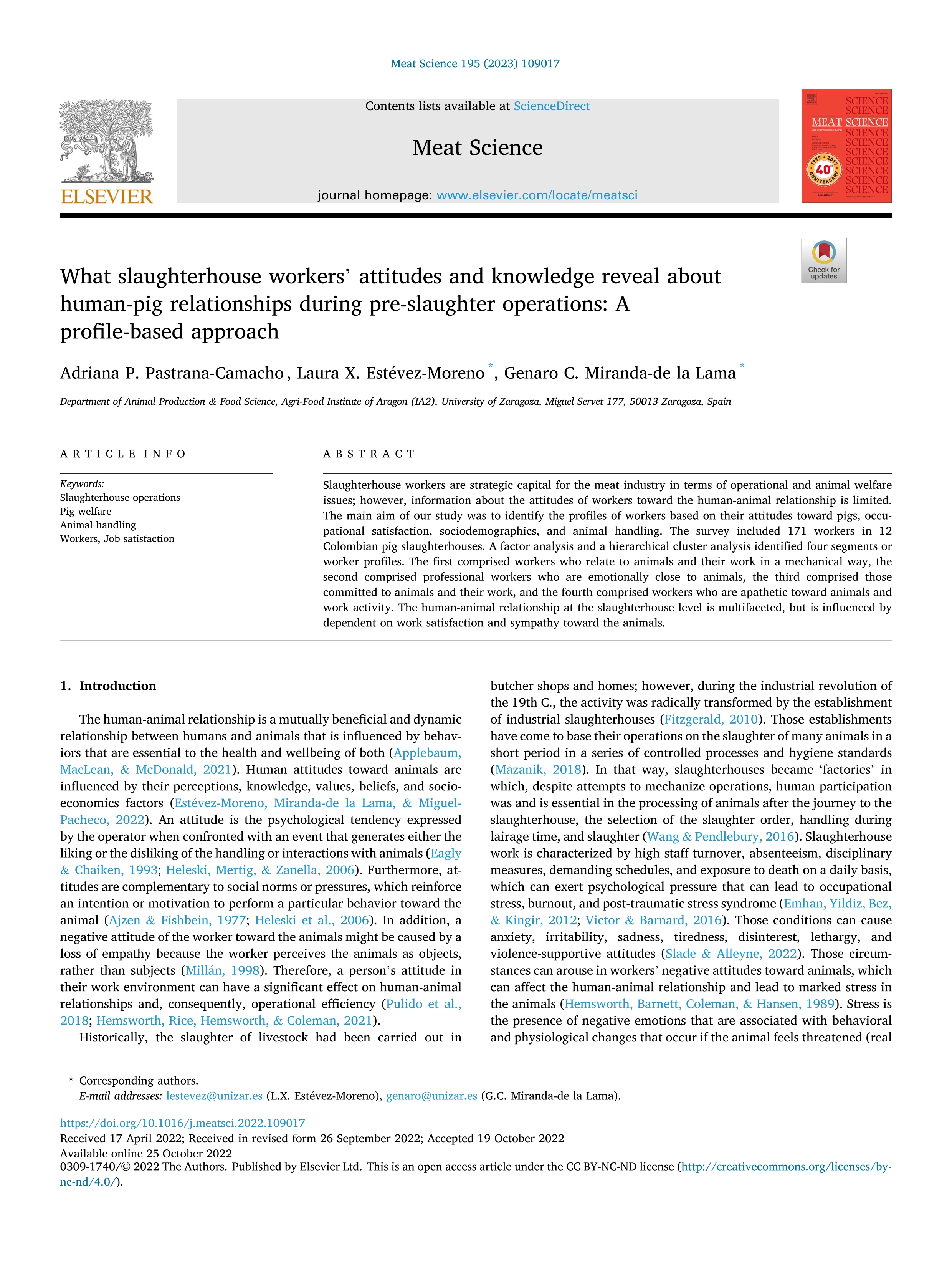 What slaughterhouse workers' attitudes and knowledge reveal about human-pig relationships during pre-slaughter operations: A profile-based approach