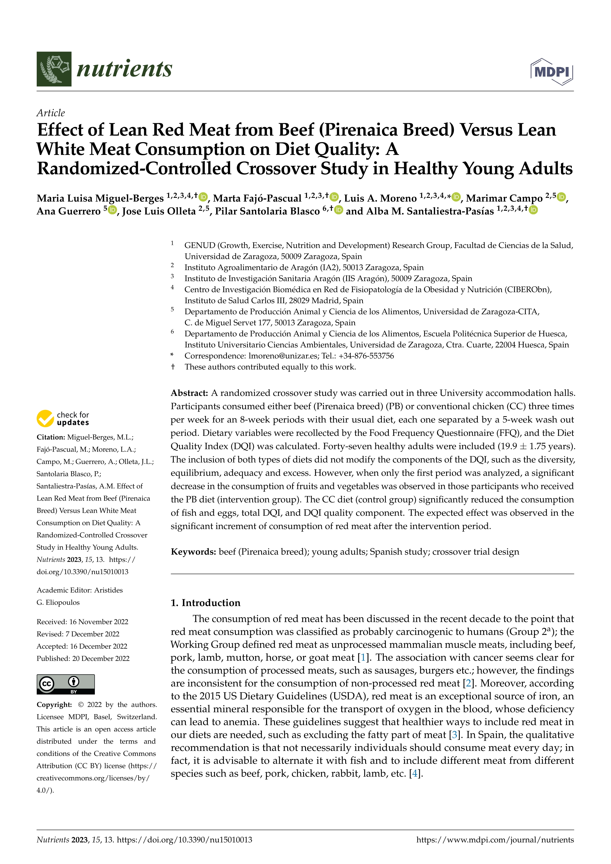 Effect of lean red meat from beef (Pirenaica breed) versus lean white meat consumption on diet quality: a randomized-controlled crossover study in healthy young adults