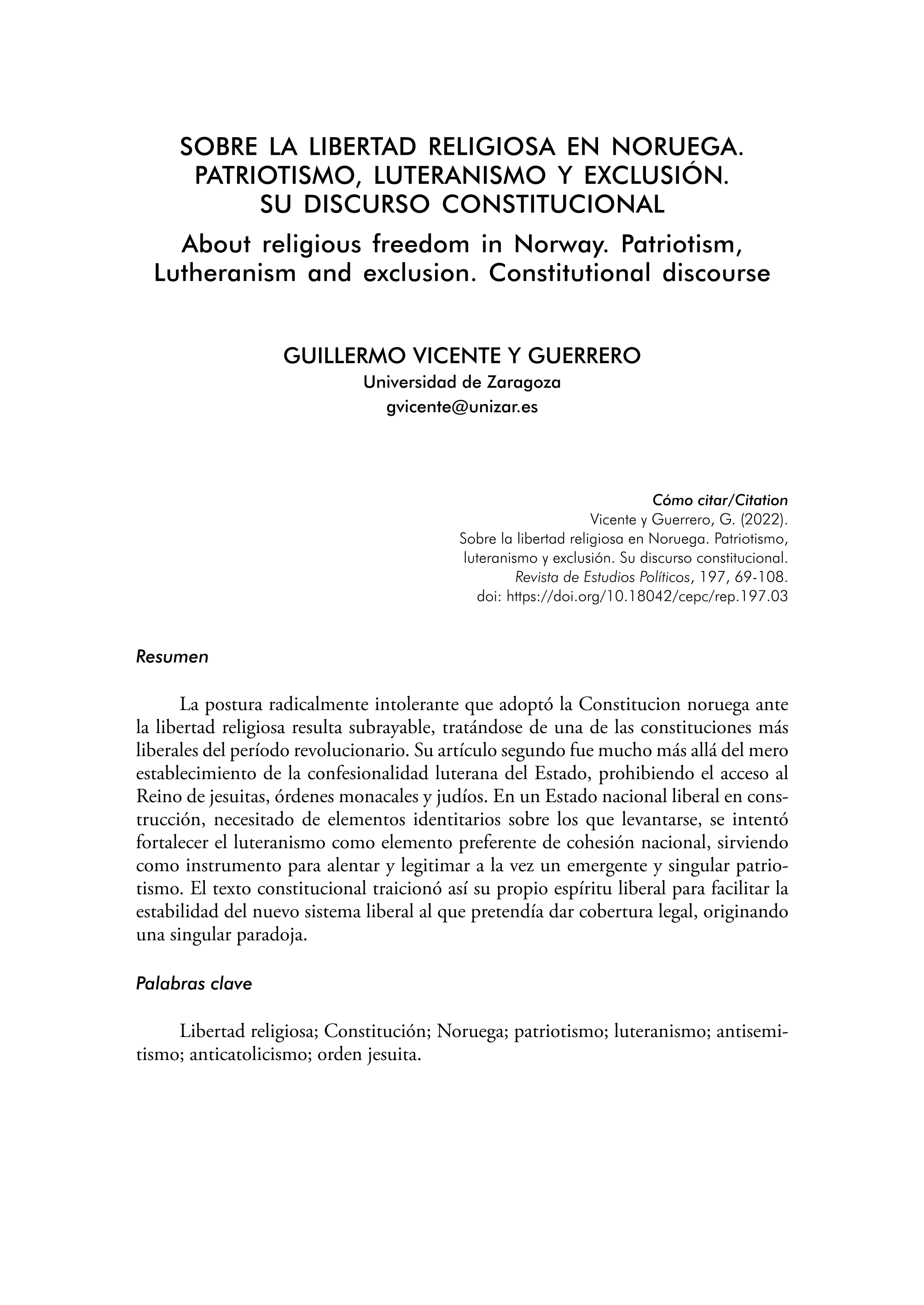 Sobre la libertad religiosa en Noruega. Patriotismo, luteranismo y exclusión. Su discurso constitucional
