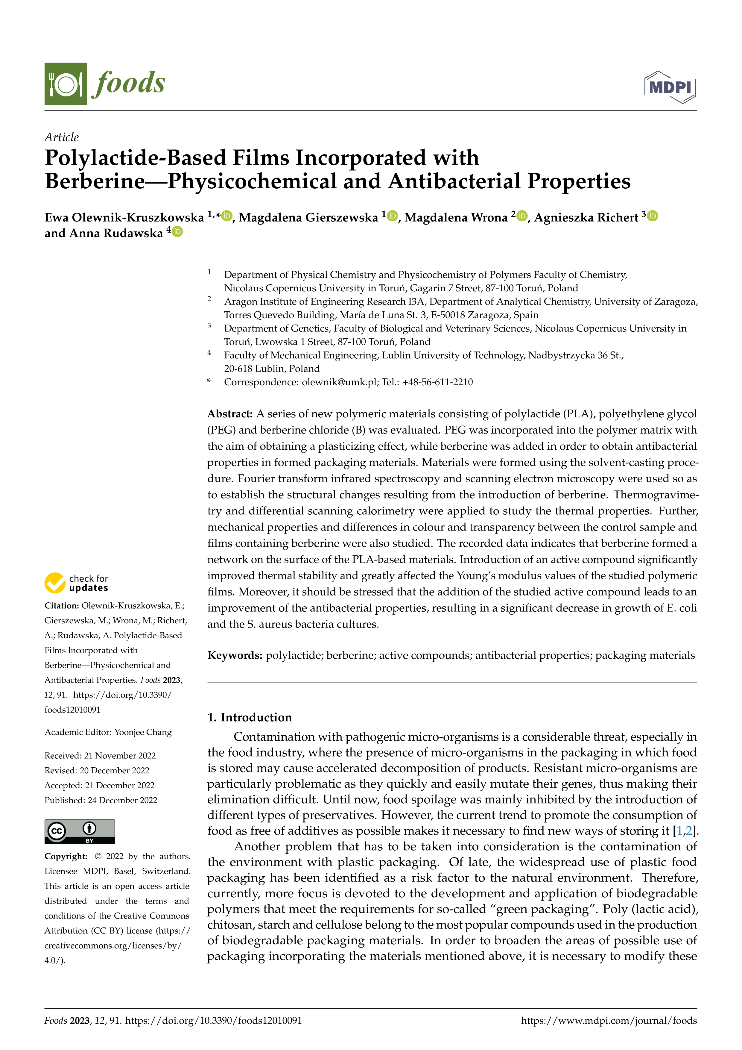 Polylactide-based films incorporated with berberine—physicochemical and antibacterial properties