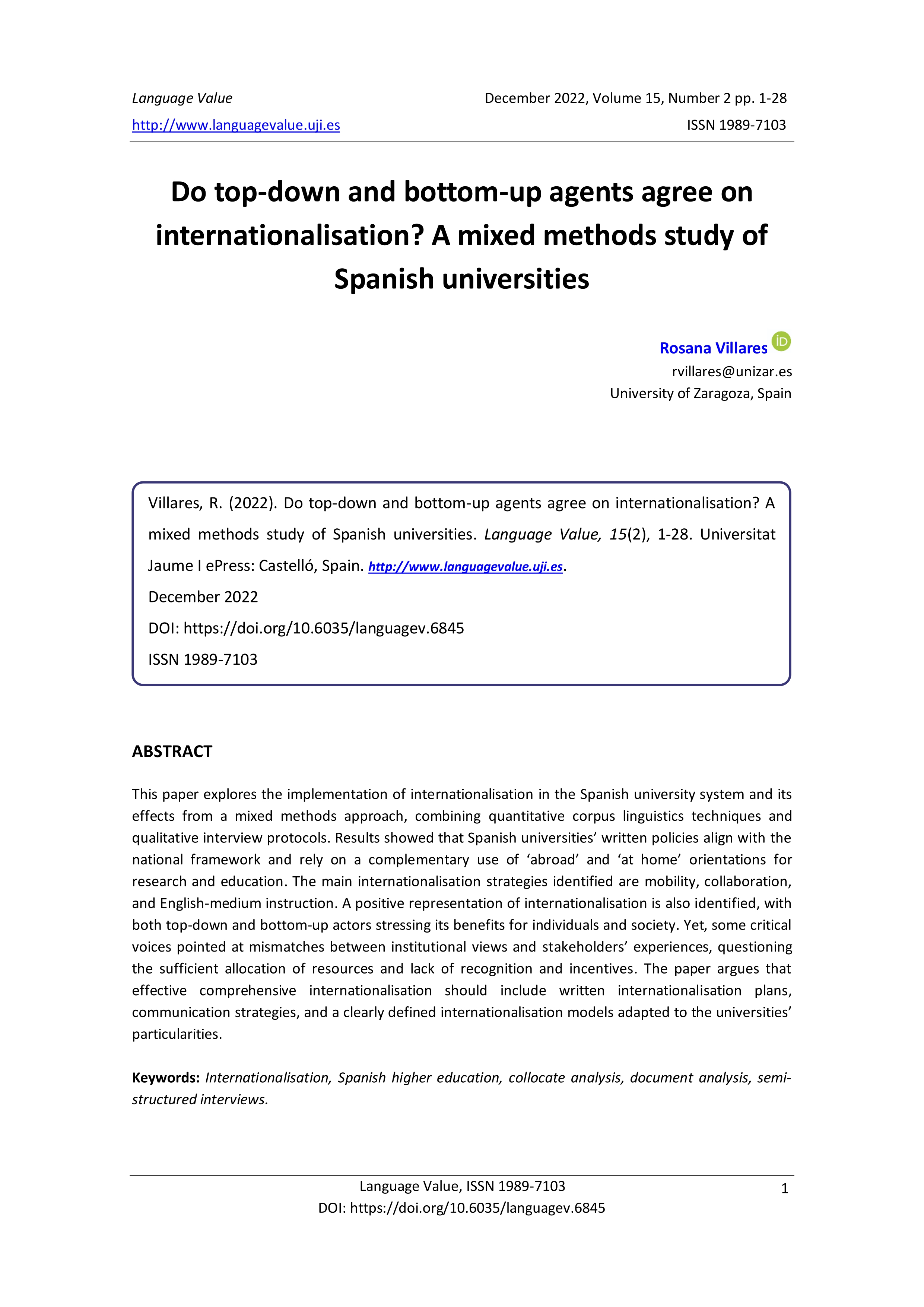 Do top-down and bottom-up agents agree on internationalisation? A mixed methods study of Spanish universities