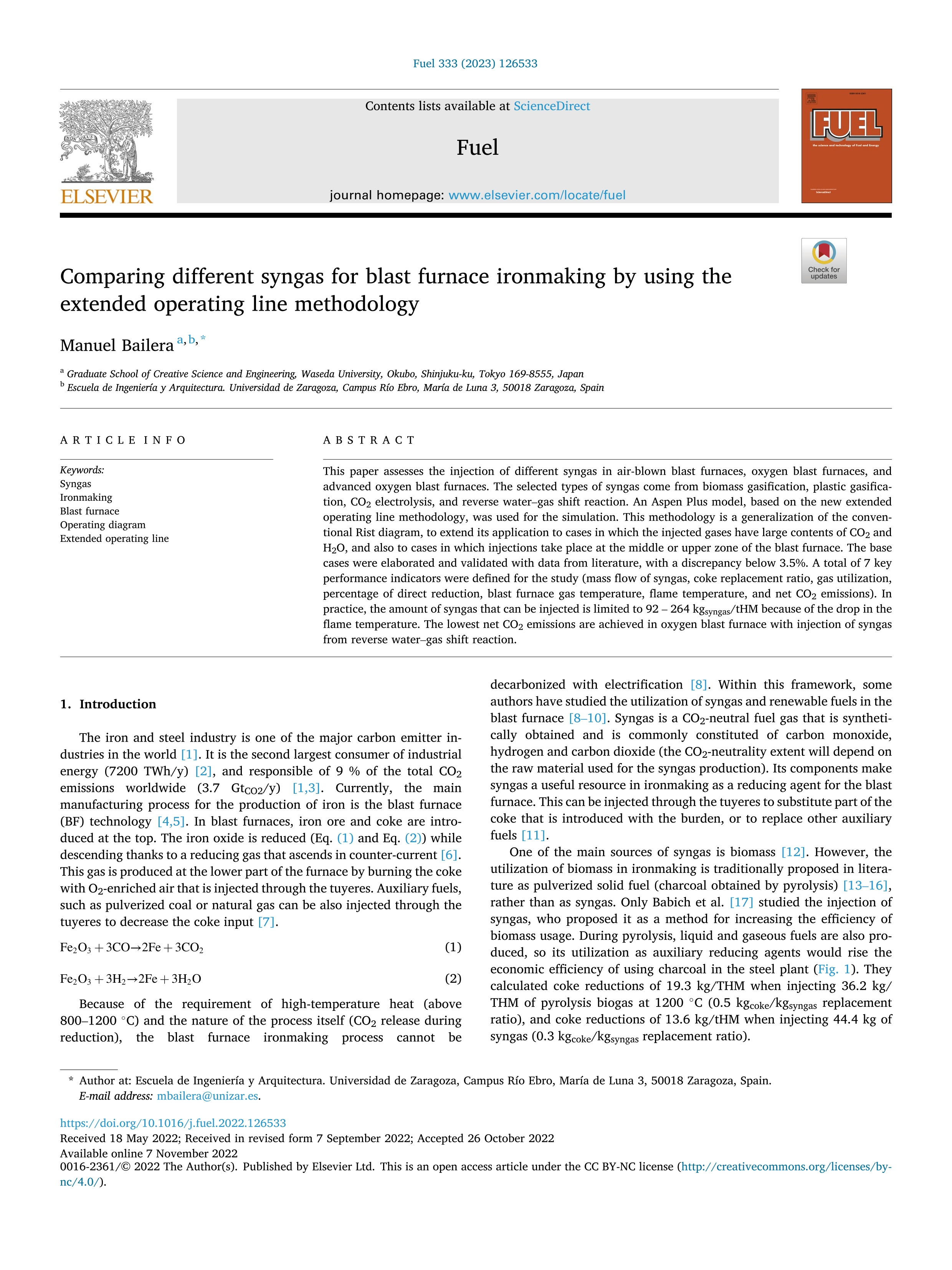 Comparing different syngas for blast furnace ironmaking by using the extended operating line methodology