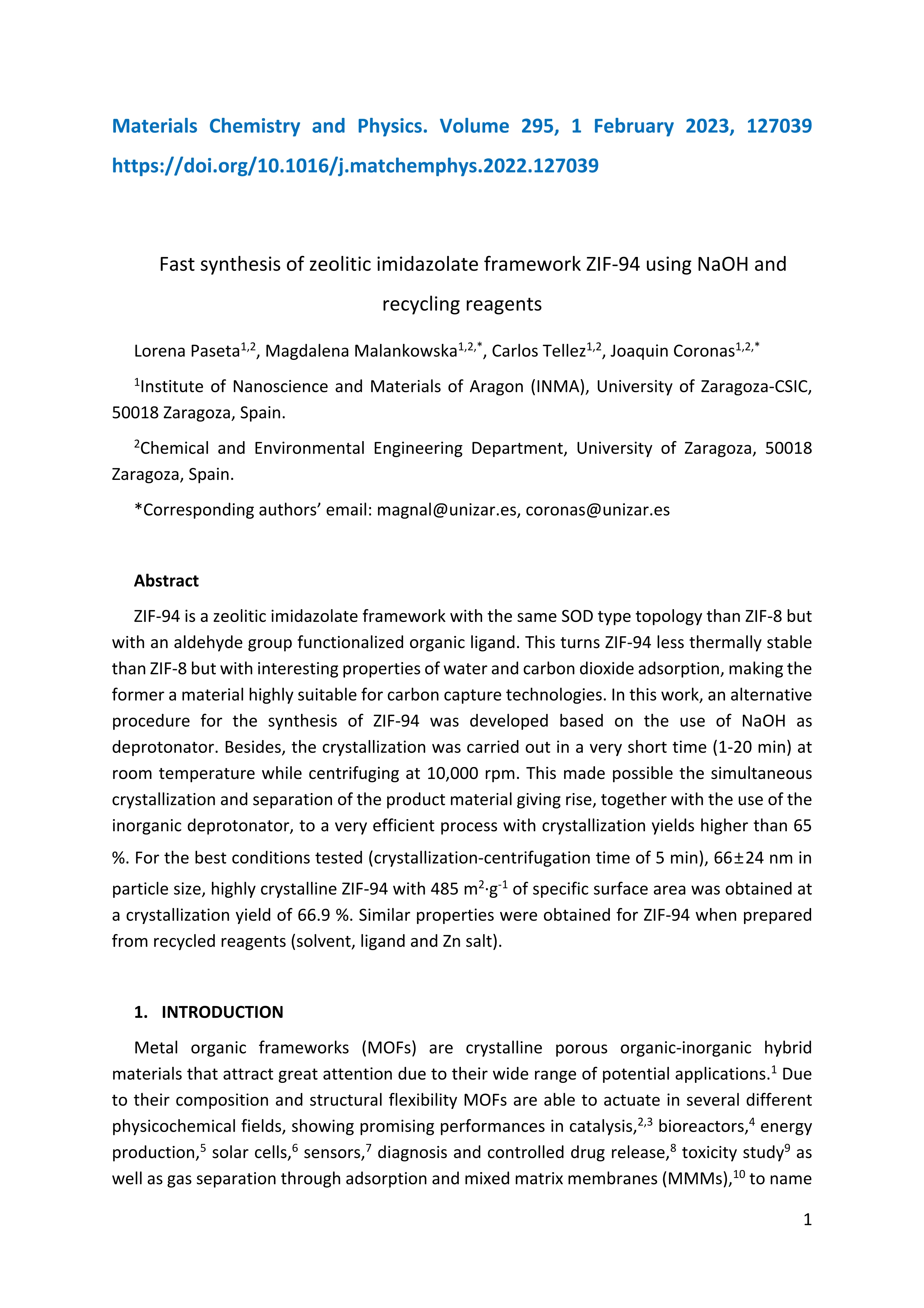 Fast synthesis of zeolitic imidazolate framework ZIF-94 using NaOH and recycling reagents