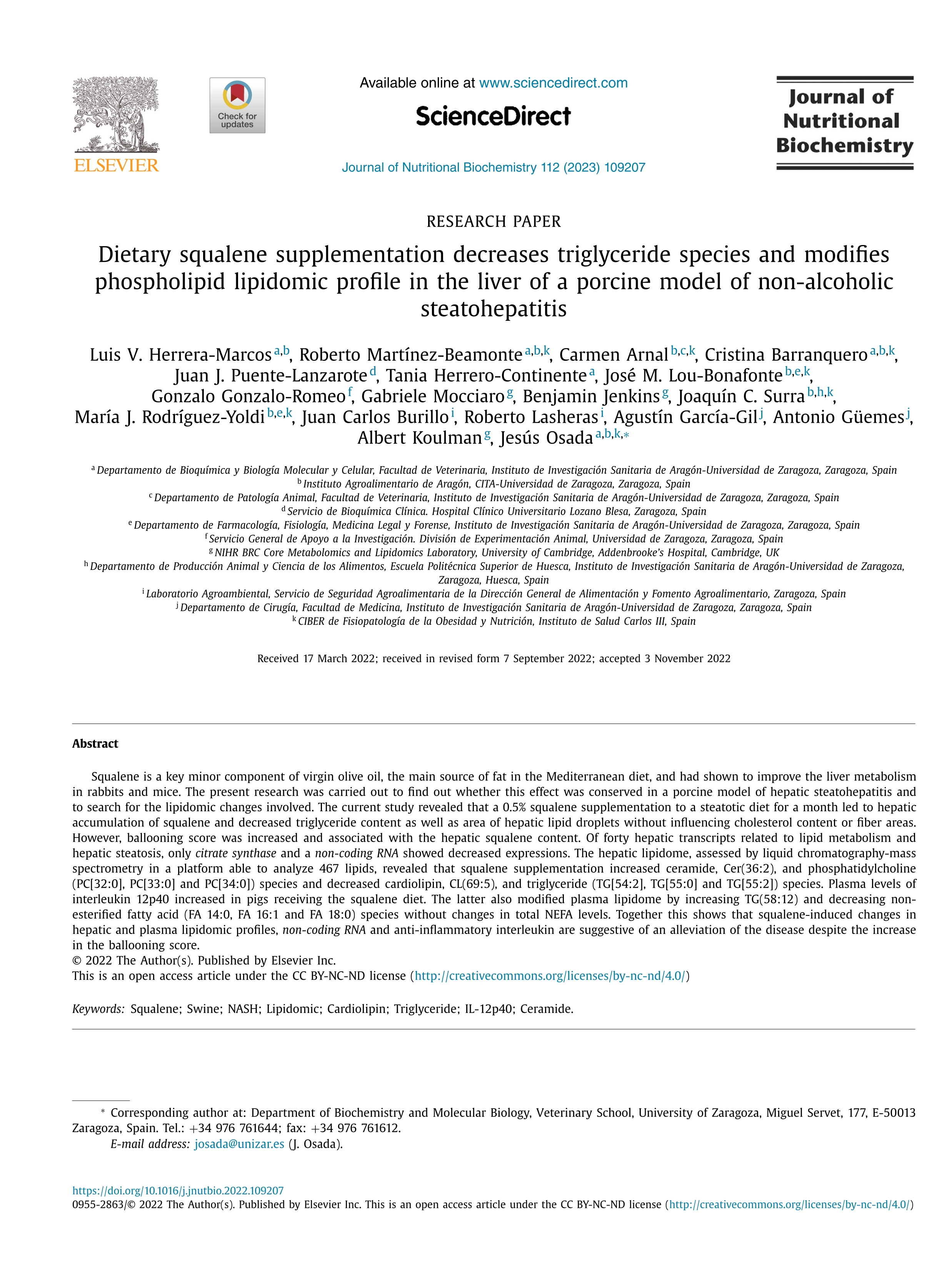 Dietary squalene supplementation decreases triglyceride species and modifies phospholipid lipidomic profile in the liver of a porcine model of non-alcoholic steatohepatitis