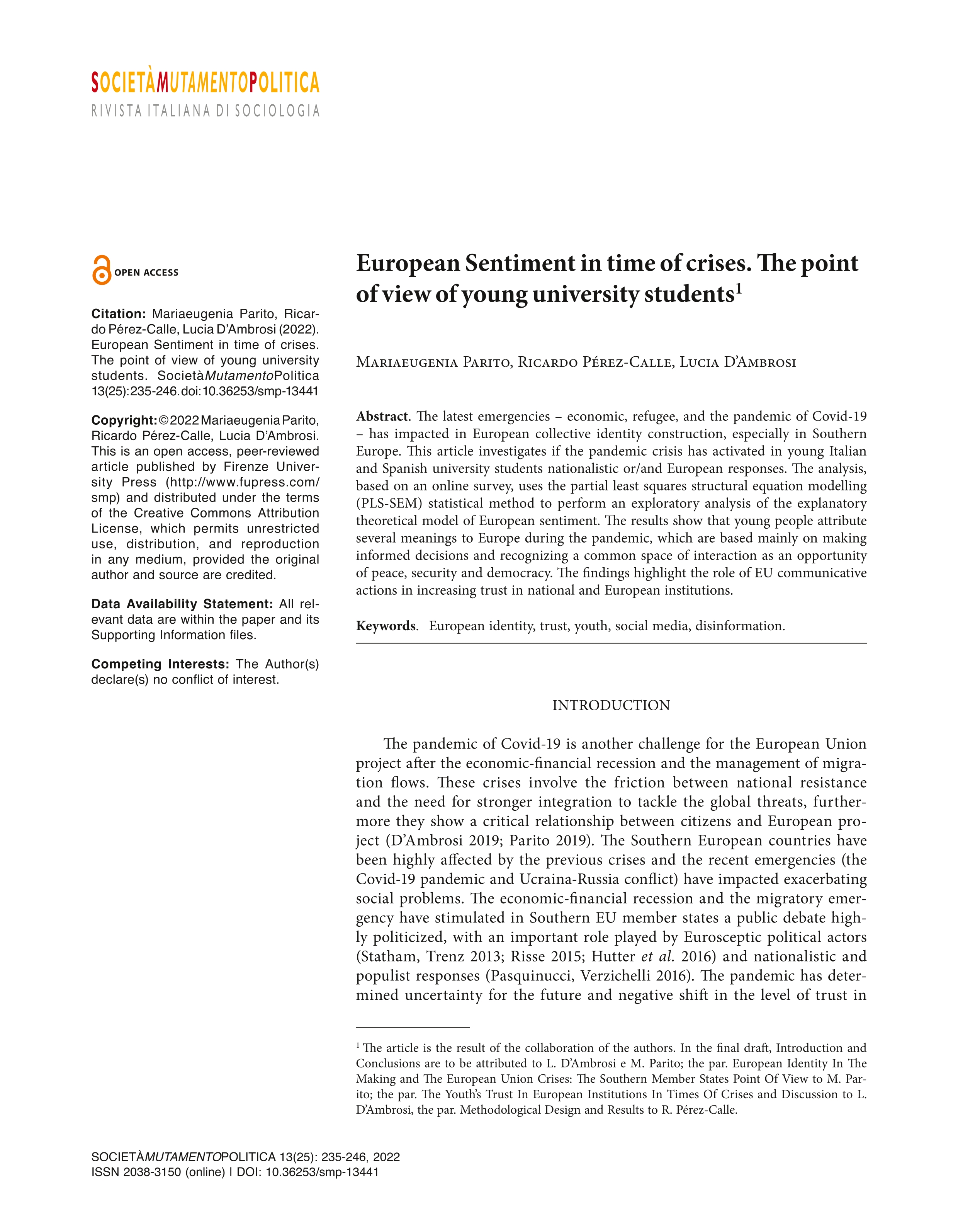 European Sentiment in time of crises. The point of view of young university students