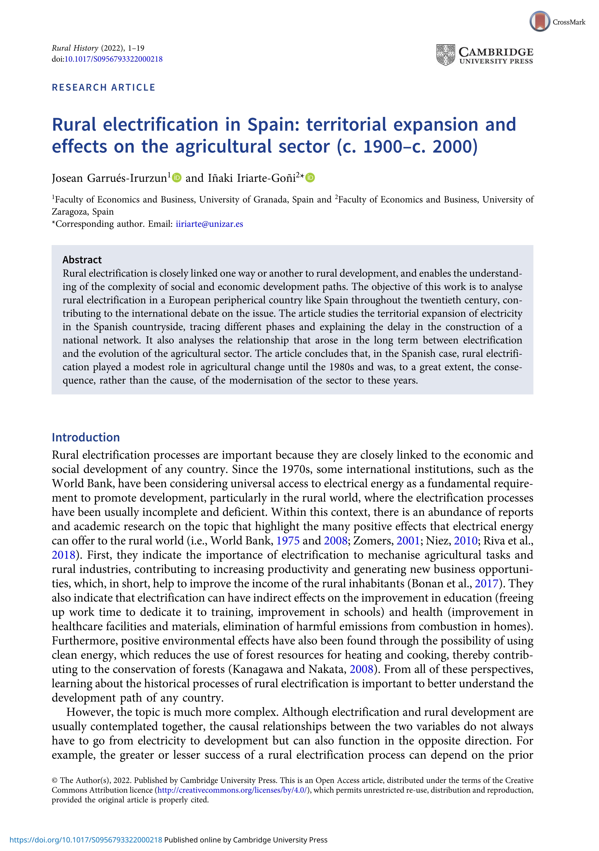 Rural electrification in Spain: territorial expansion and effects on the agricultural sector (c. 1900–c. 2000)