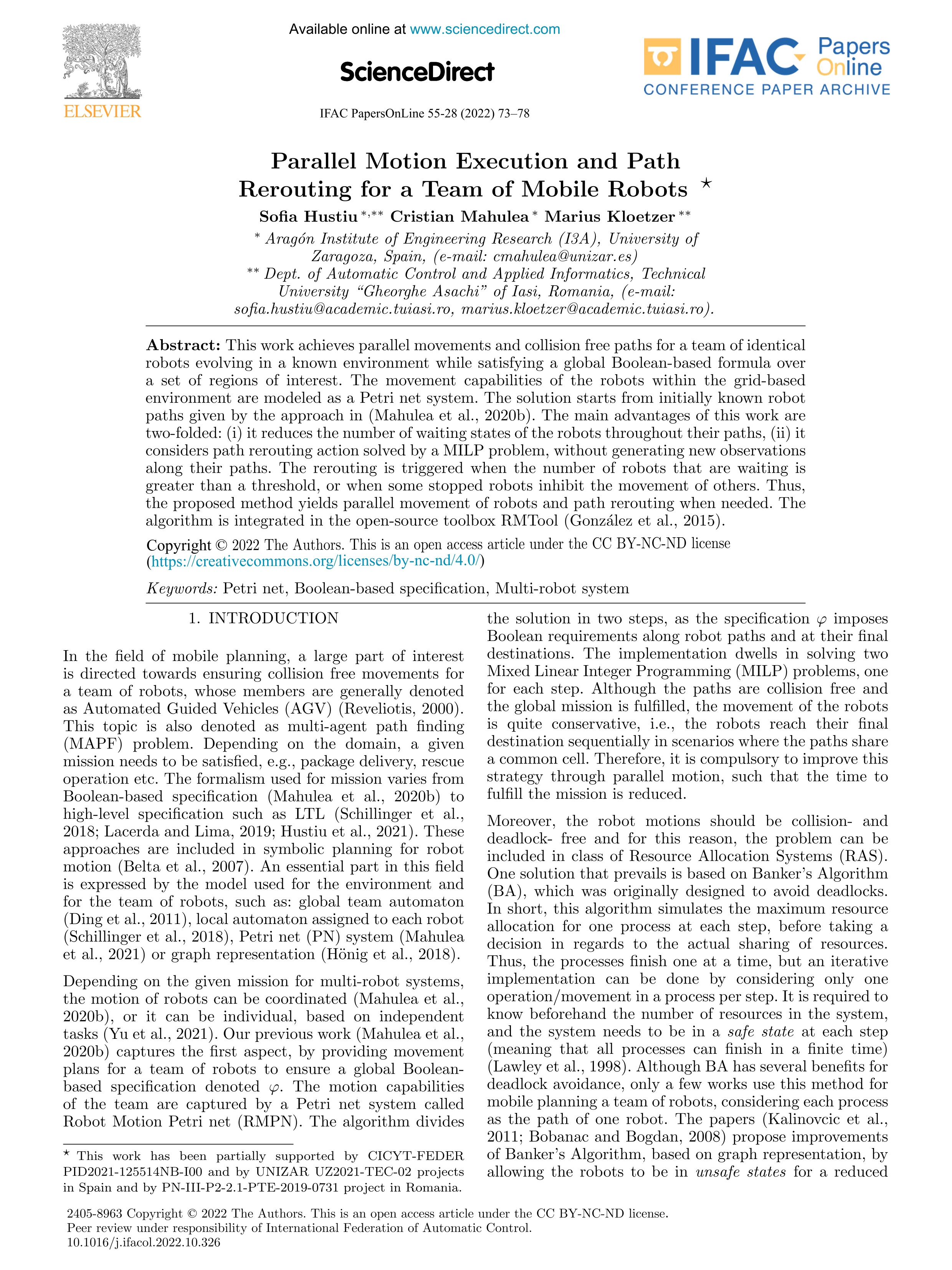 Parallel motion execution and path rerouting for a team of mobile robots