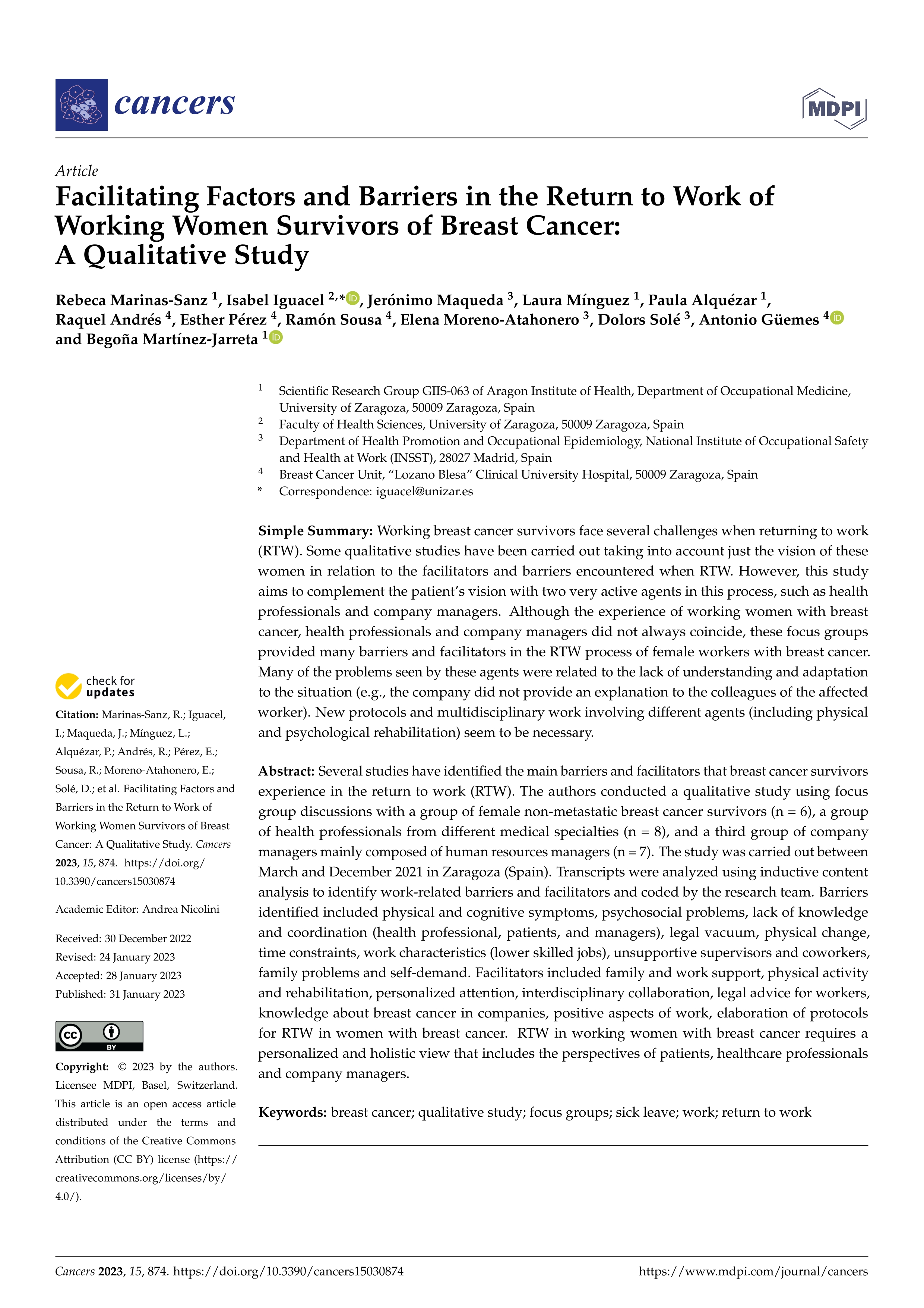 Facilitating factors and barriers in the return to work of working women survivors of breast cancer: a qualitative study