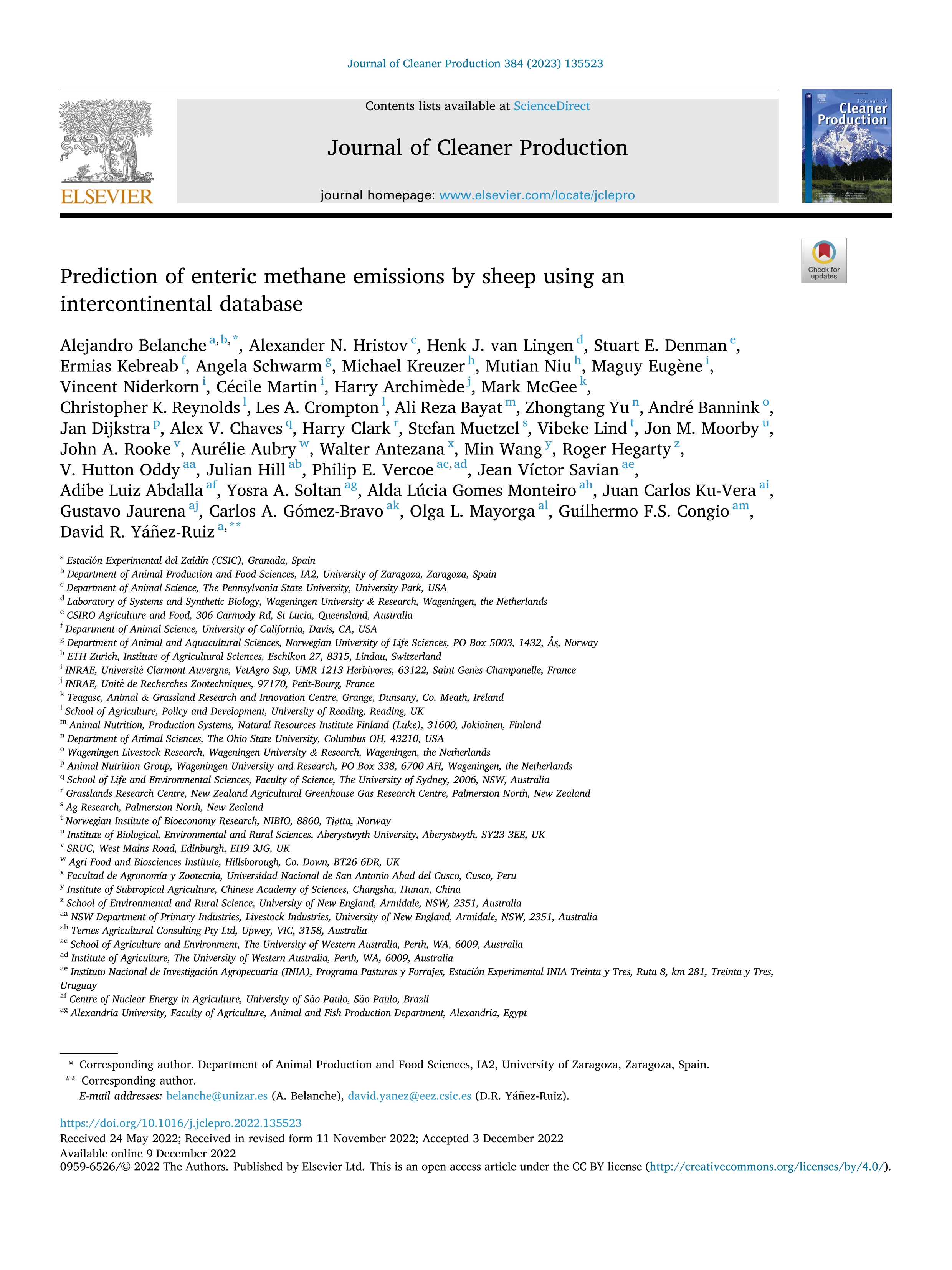 Prediction of enteric methane emissions by sheep using an intercontinental database