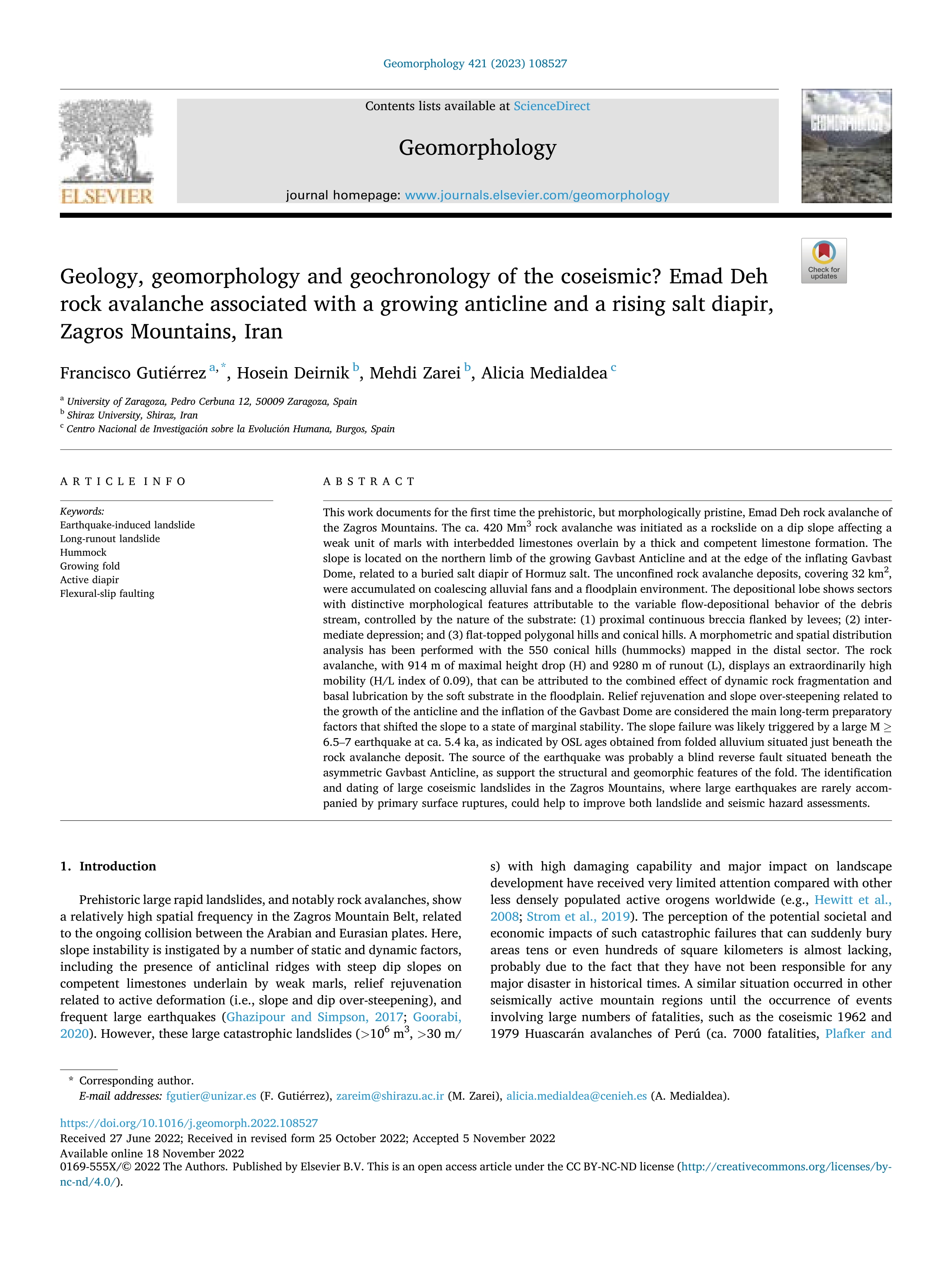 Geology, geomorphology and geochronology of the coseismic? Emad Deh rock avalanche associated with a growing anticline and a rising salt diapir, Zagros Mountains, Iran
