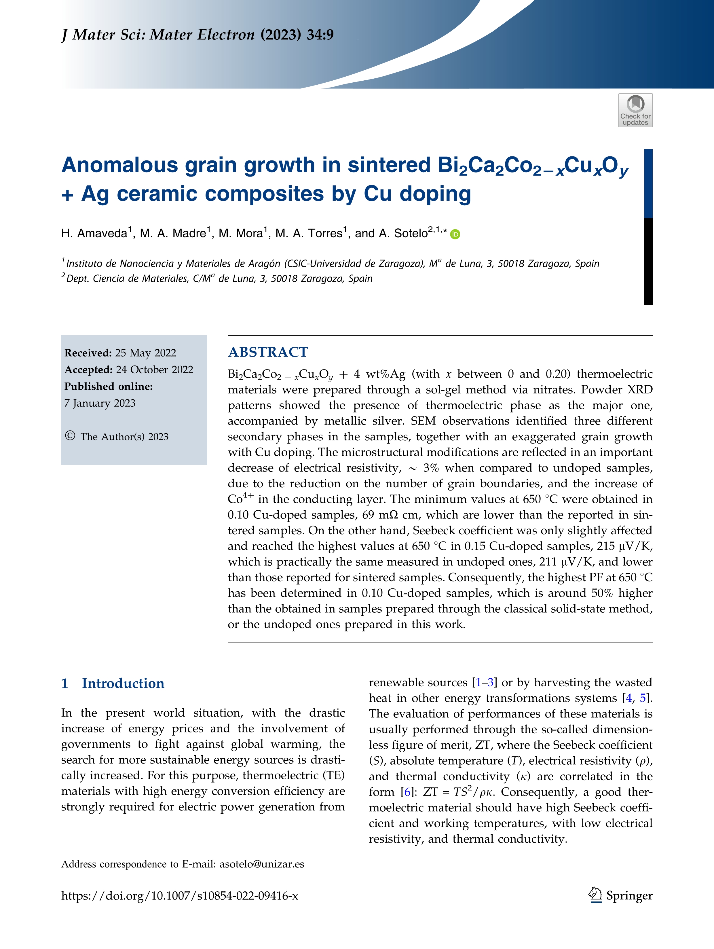 Anomalous grain growth in sintered Bi2Ca2Co2-xCuxOy + Ag ceramic composites by Cu doping
