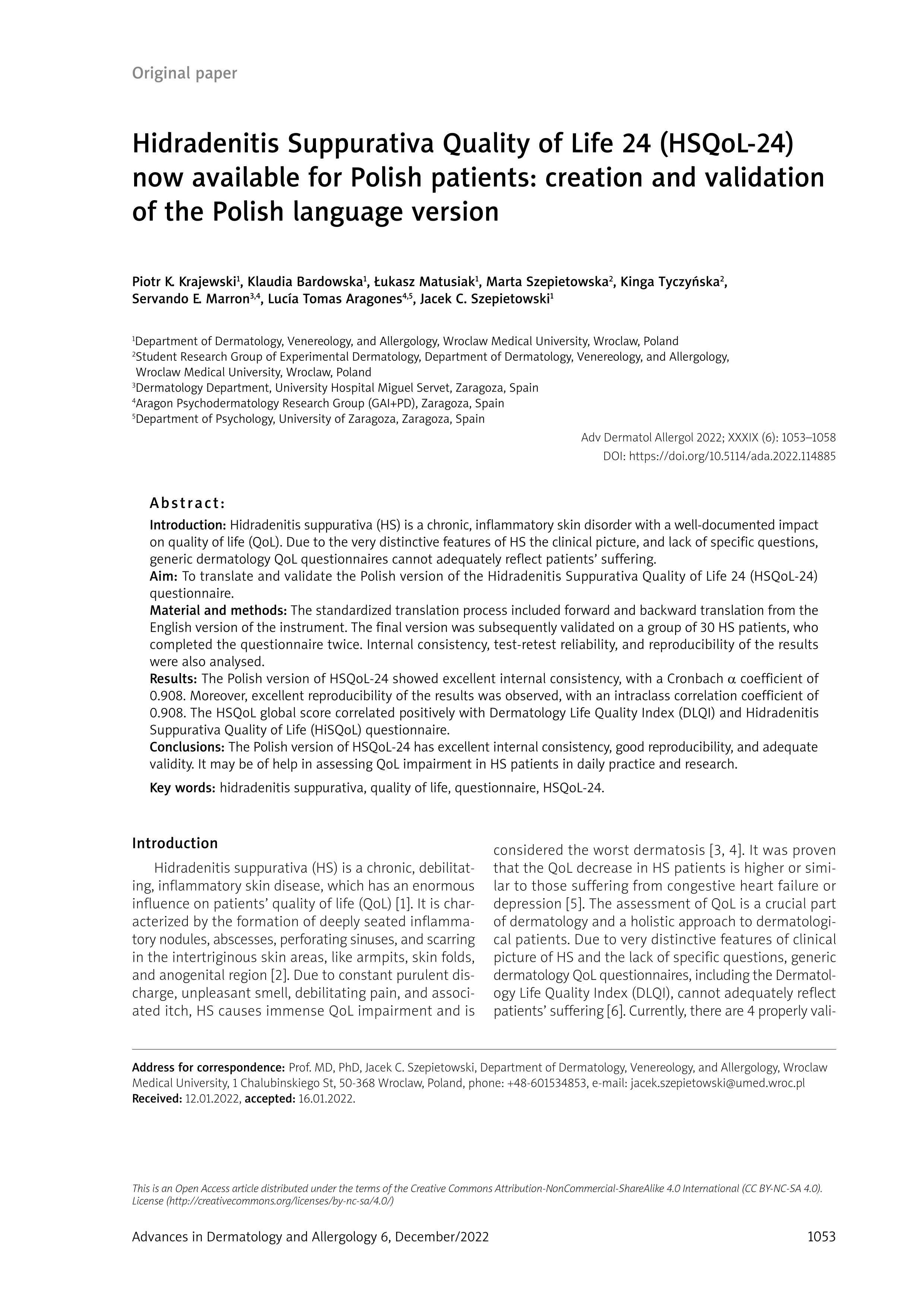 Hidradenitis Suppurativa Quality of Life 24 (HSQoL-24)now available for Polish patients: creation and validationof the Polish language version